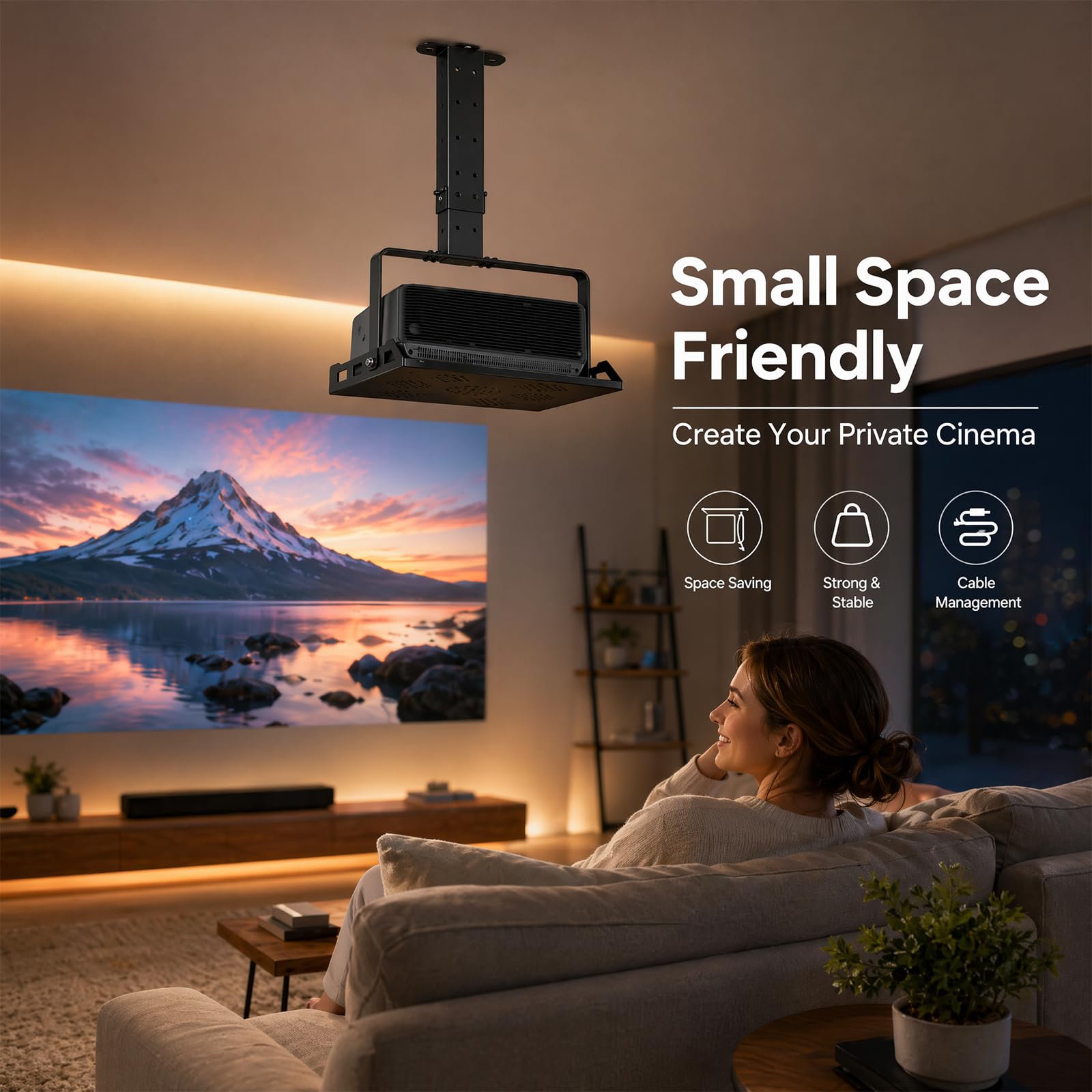 Support de Plafond Vidéoprojecteur Télescopique Réglable 30 à 56cm Noir, Support Universel Charge Max 10kg avec Etagère Ventilée et Guide-Câble Intégré pour Home Cinéma Bureau