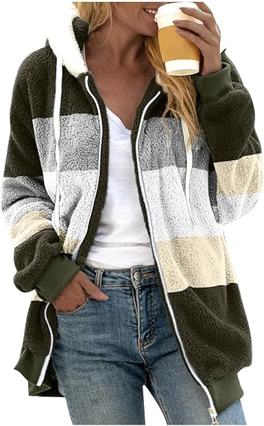 Fuzzy Fleece Jackets for Women Plus Size Hoodies Fall Winter Coats Color Block Patchwork Cardigan Coat with Pockets