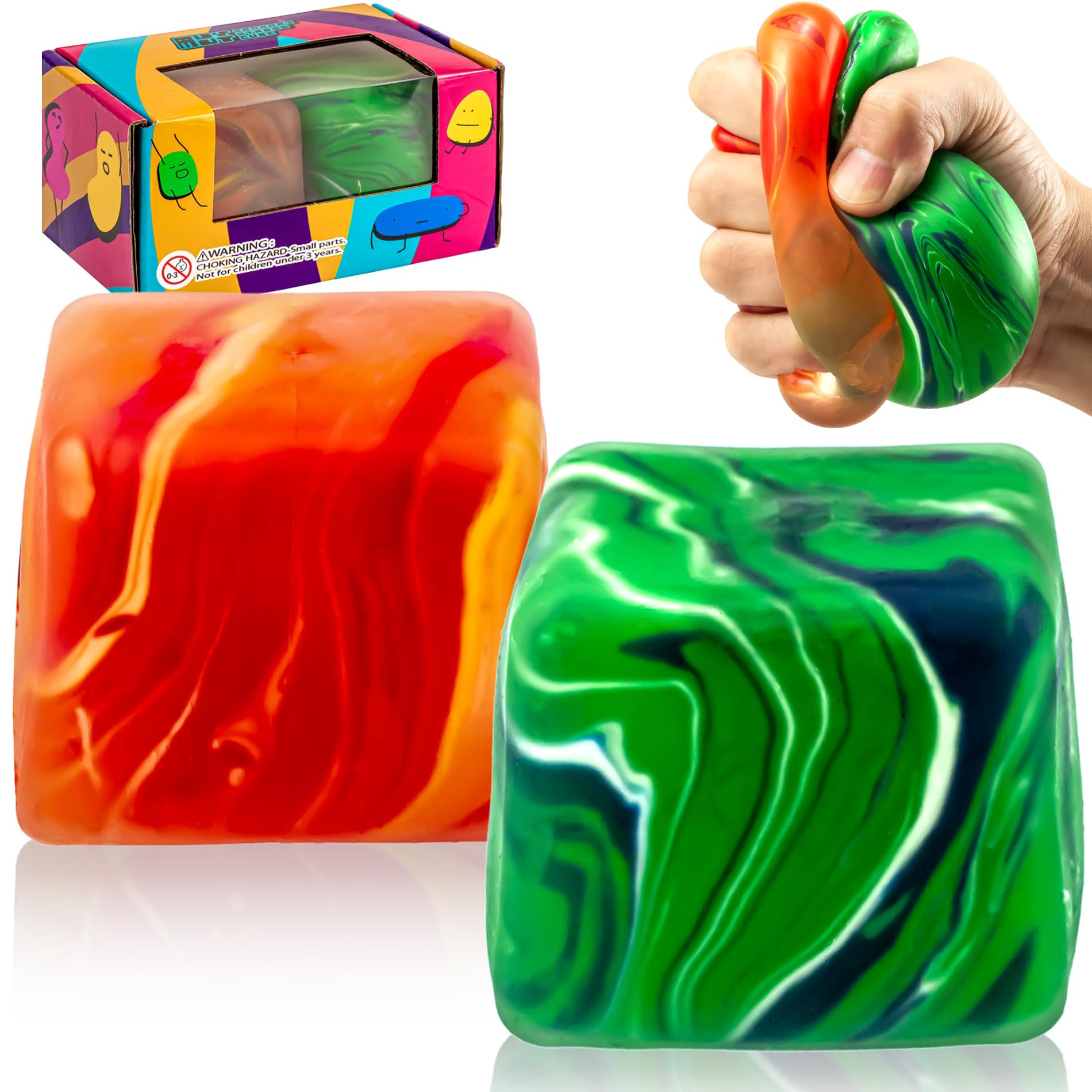 Color Swirl Squishy Stress Cubes 2-Pack: 2.25" Stress Balls for Kids & Adults | Fidget Toys for Anxiety, ADHD & Autism | Ideal Classroom Prize | OG