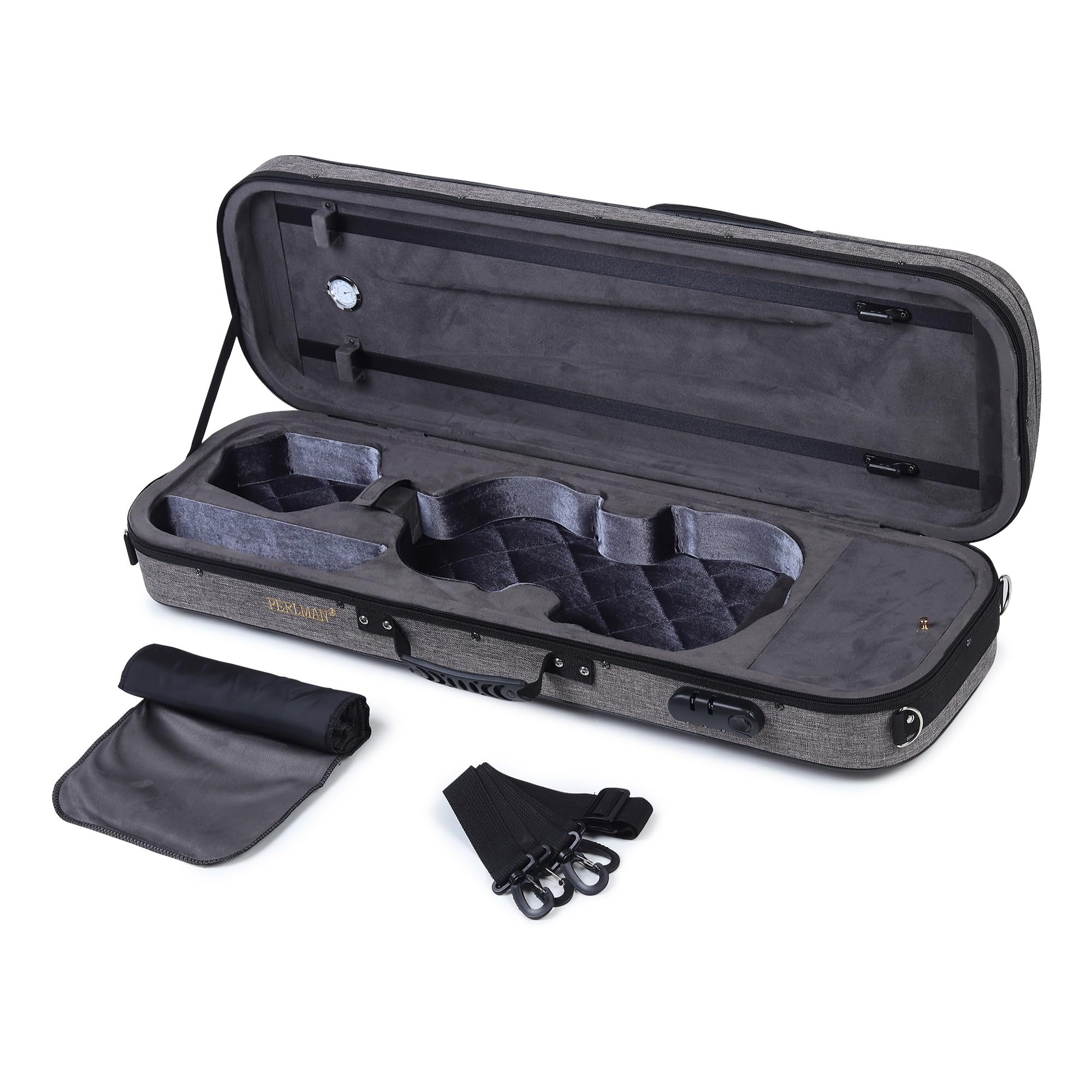 PERLMAN Premium Oblong Violin Case (4/4 Full Size) - Professional Hard Shell Case with Built-in Hygrometer, Double Bow Holders, Accessory Storage & Adjustable Shoulder Straps - Grey-image-43