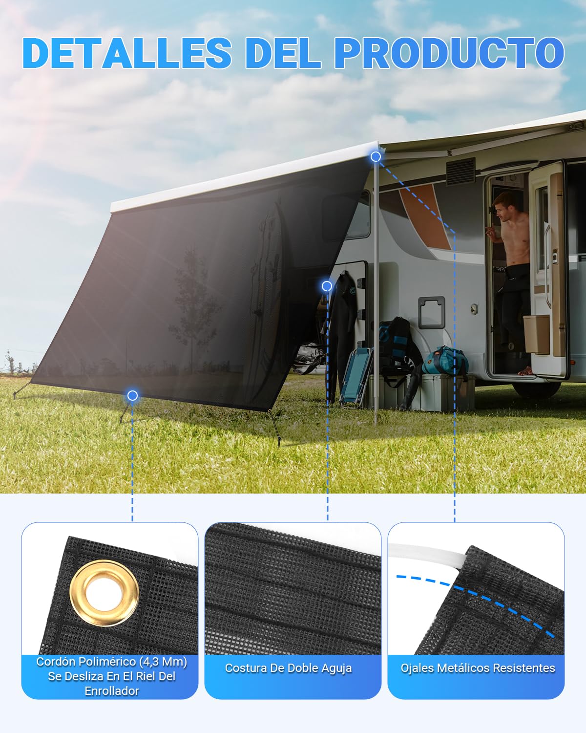 SUPAREE Protección Solar para Autocaravana Toldo Pared Caravana Toldo para Caravana Universal Sun Blocker UV Protection de Privacidad con Kits Completos 3,7 x 2,46m