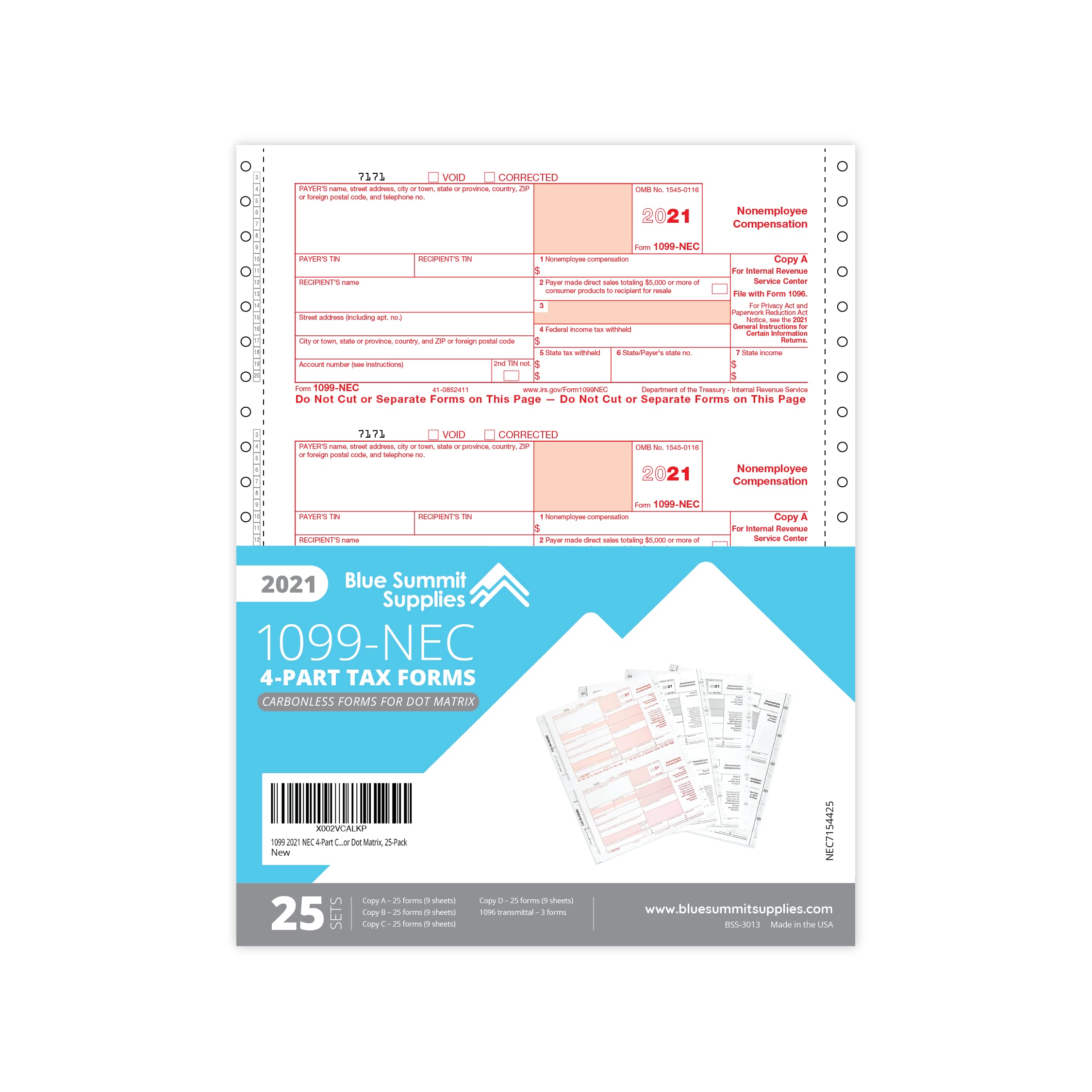 Buy Blue Summit Supplies 2021 1099NEC 4 Part Carbonless Tax Forms for