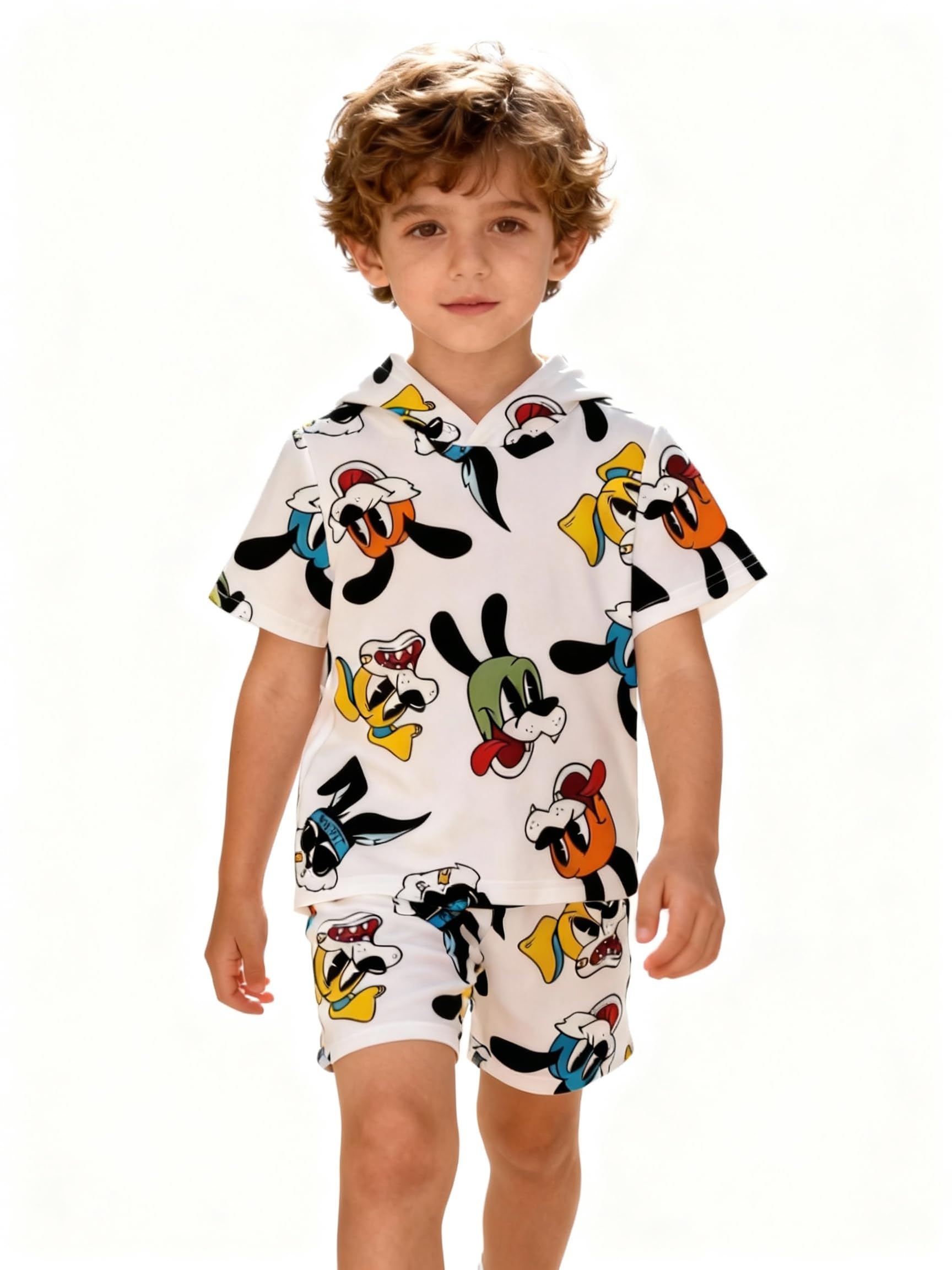 Conjunto de 2 piezas con estampado de dibujos animados, camiseta de manga corta con capucha y pantalones cortos para niños y niñas, ropa casual de verano — view 2