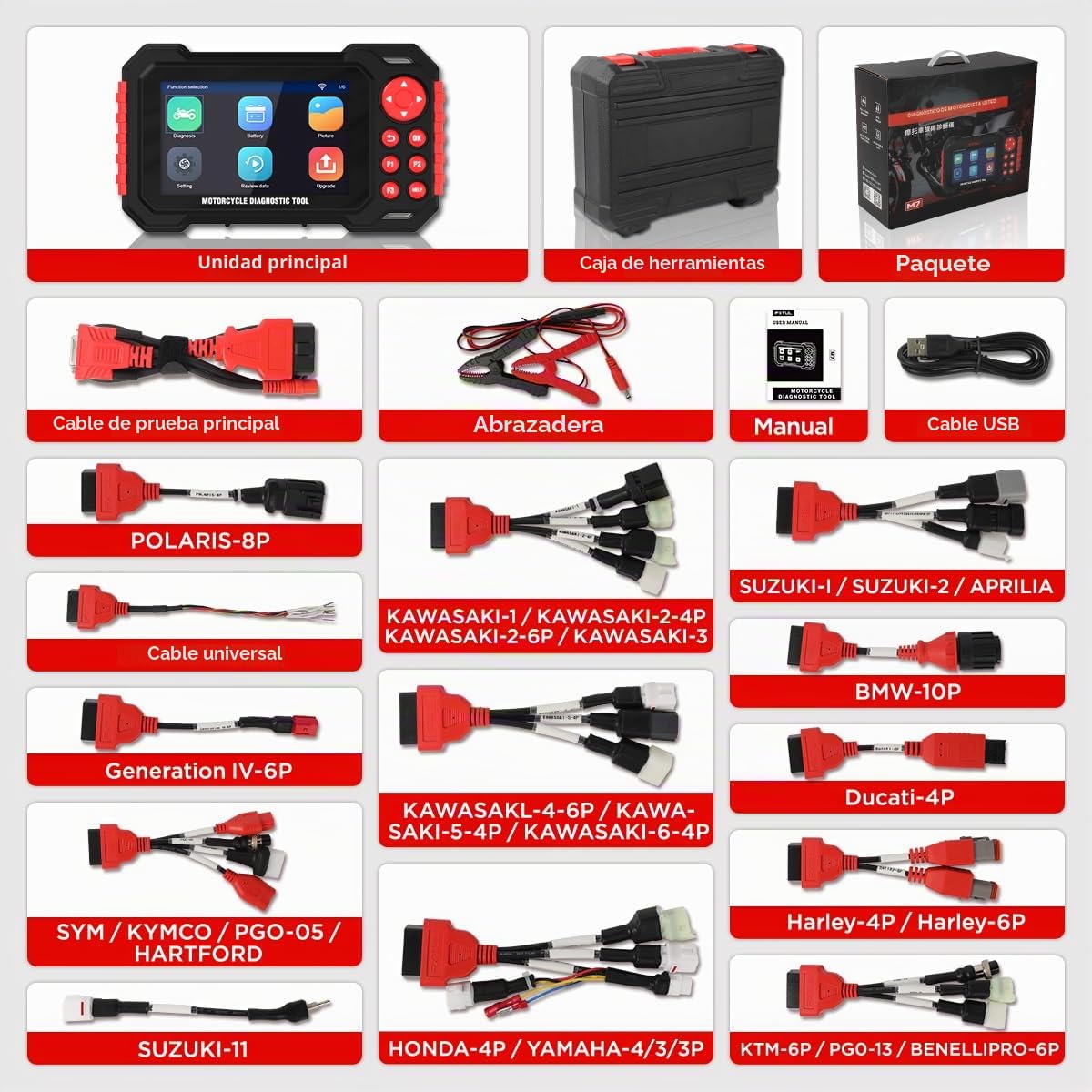 Herramienta de Diagnóstico para Motocicletas M7, Lector de Códigos OBDII para Moto Sistema ABS con Escaneo Automático y Detección Instantánea de Vin para 70+ Marcas 100+ Funciones de Servicio