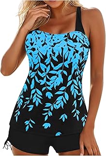 Traje de baño para mujer, con aros, control de abdomen con falda, detalle de bloque de color, tankini para control de barriga, traje de baño para mujer, cobertura completa, parte inferior doble