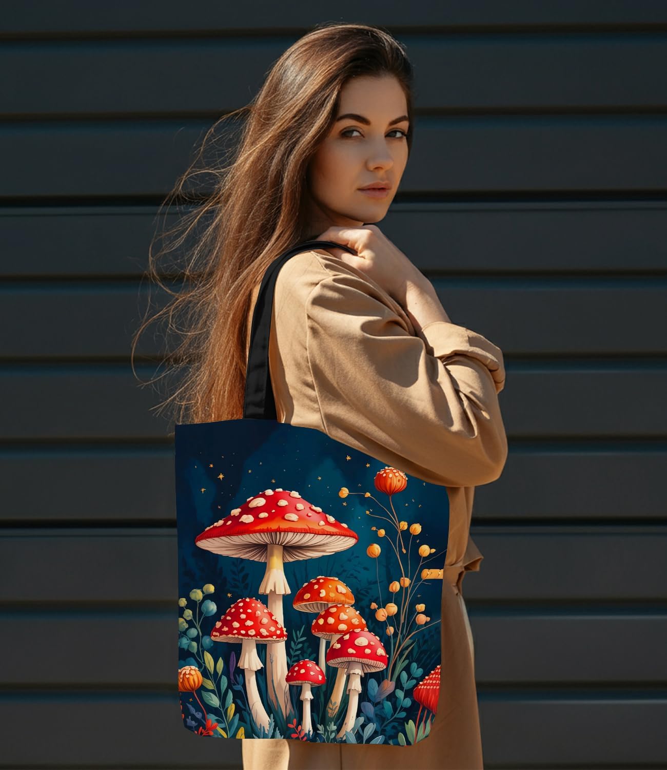 Vintage Mushroom Canvas Tote Bag for Women, Aesthetic Botanical Mushrooms Reusable Shoulder Bag for Grocery Shopping - Image 4