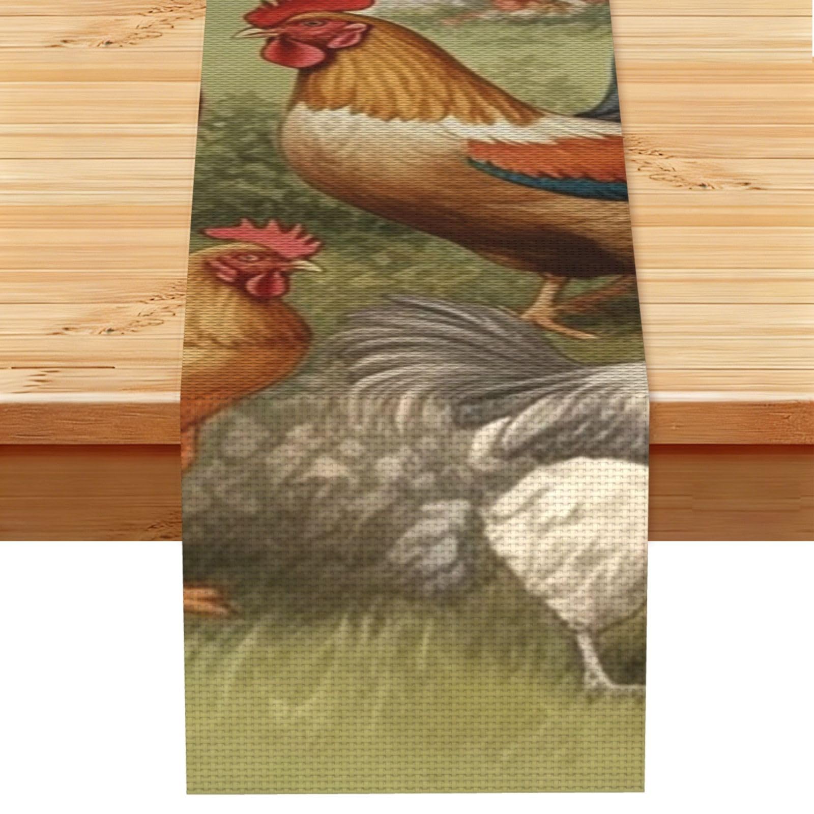Chickens and Farm Table Runner 13 x 72 Inches Long, Cotton Linen Table Runners for Kitchen Dining Table Decoration - Washable Tablecloth Modern Tablerunner for Home Party Decor