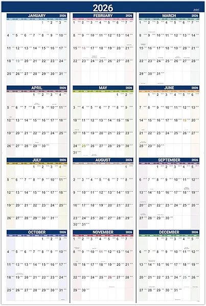 2026 Yearly Wall Calendar - 2026 Calendar, JAN 2026 - DEC 2026, Yearly Calendar/Planner, 34.3" x 22.8"(Open), 2026 Wall Calendar 12 Month with Premium Paper, Double-Sided Small Round Sticks, Azure