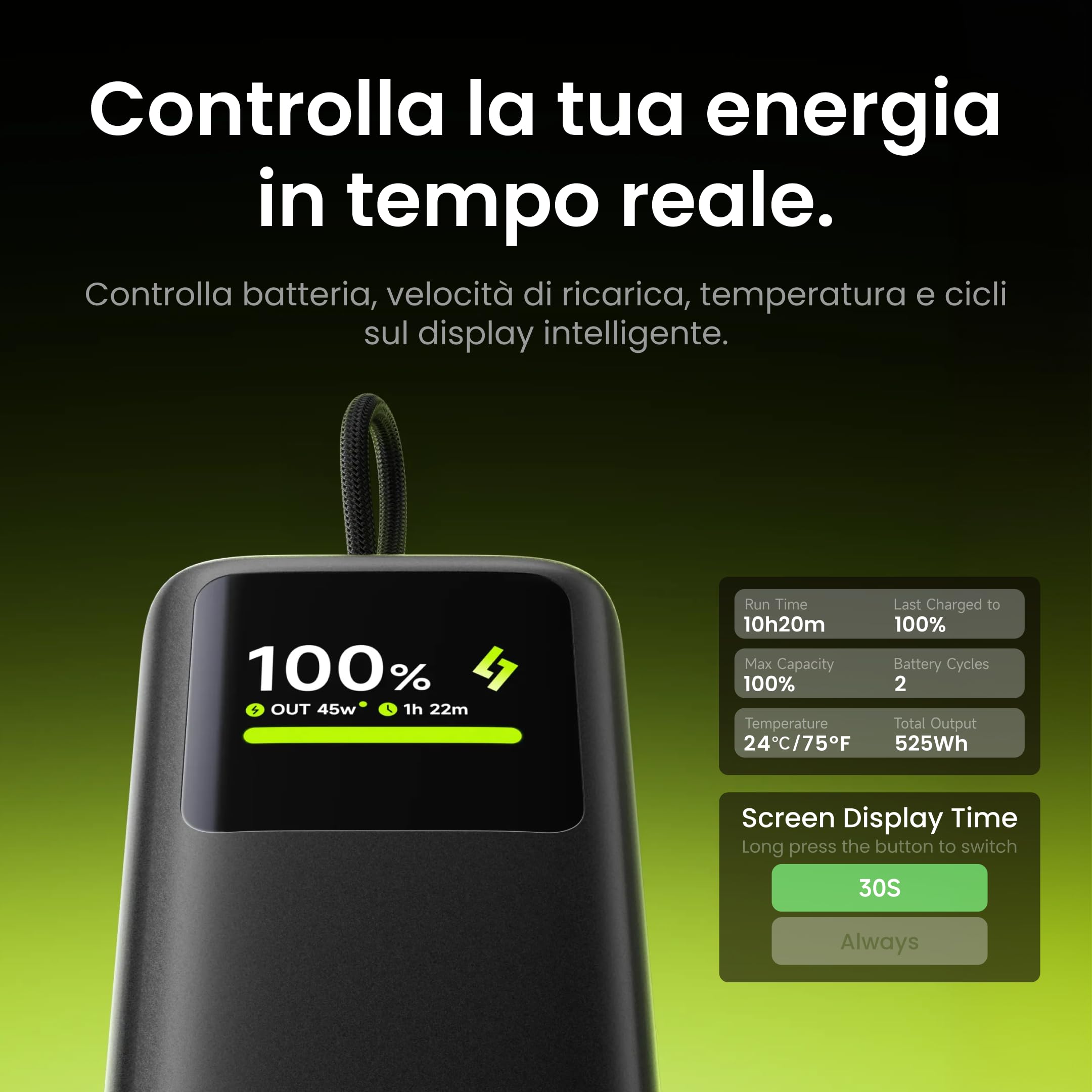 sharge 45W Fast Charging Power Bank,10000mAh USB-C retrattile integrato | display intelligente e ricarica rapida da 45W per iPhone 17/16, iPad