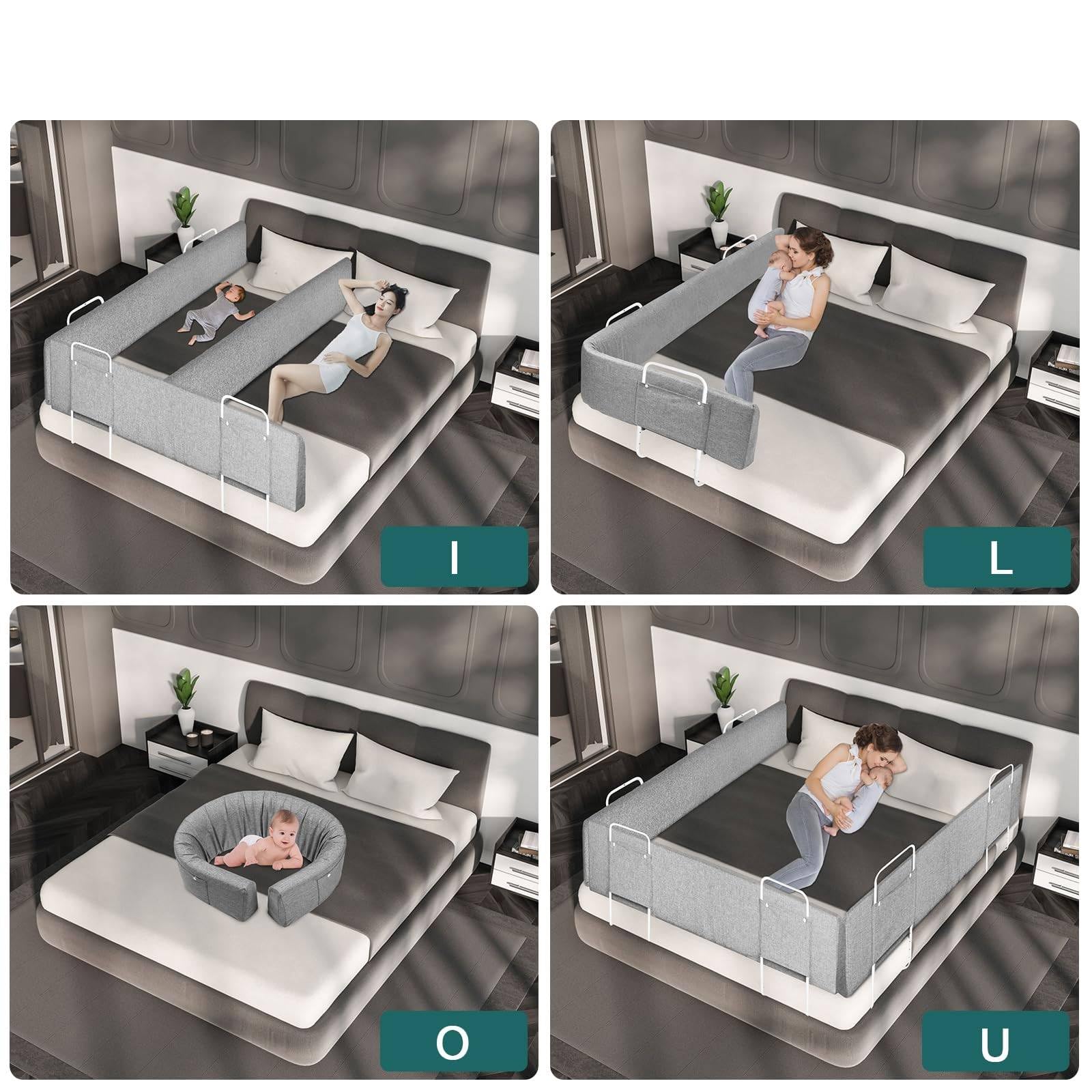 LZQ 2 barandillas de protección contra caídas, protección para los bordes de la cama, forma ajustable, altura ajustable para niños y bebés, gris, 150 cm