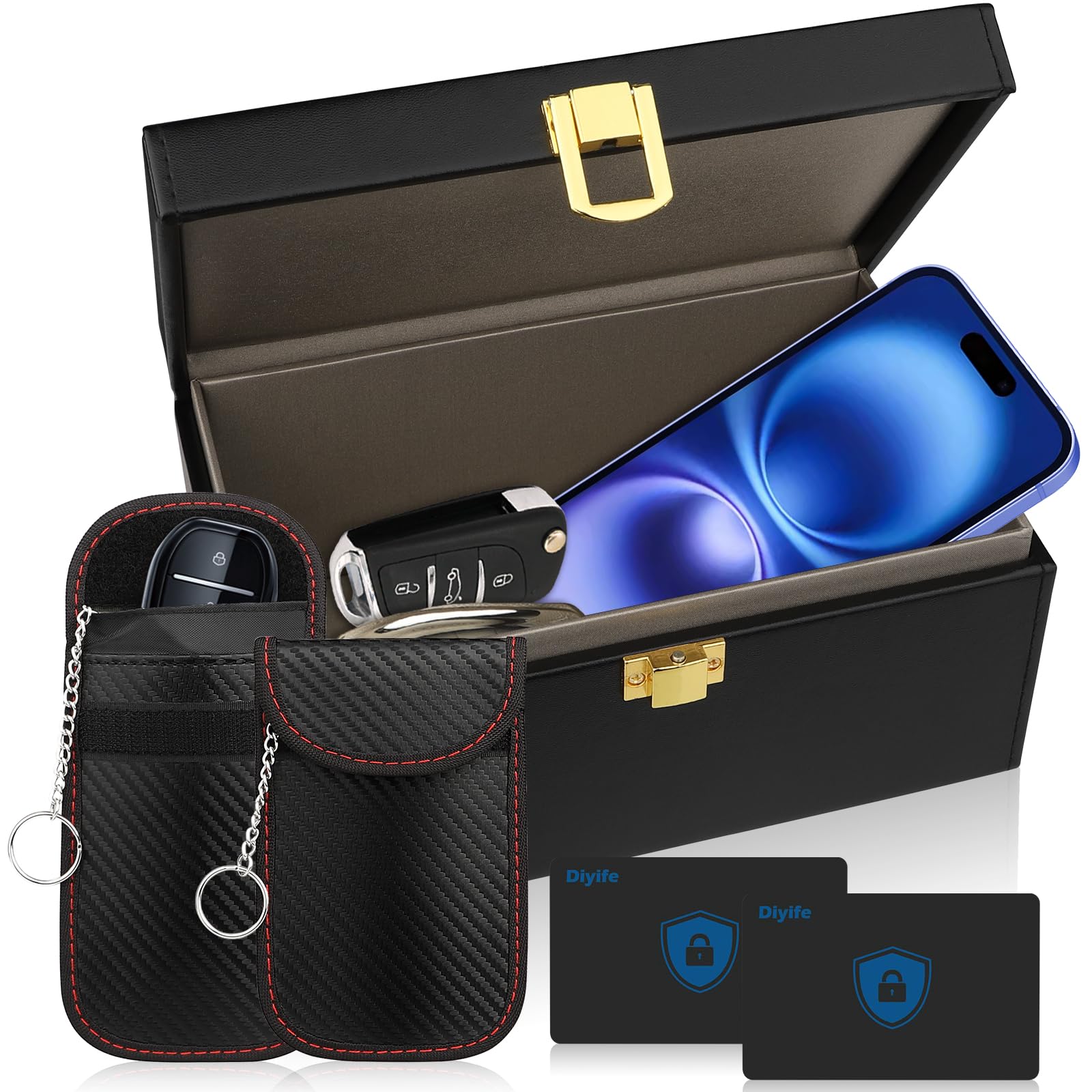 Faraday Car Key Box with 2 Bags 2 Cards, NFC RFID Blocker, Anti-Tracking Keyless Go Protection Signal Blocker Box, Anti-Hacking Case Blocker for Credit Card and Car, 19 x 2 x 9 cm