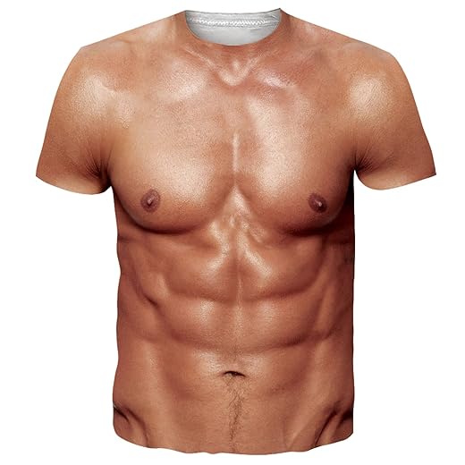 Goodstoworld Unisex 3D Fake Abs T Shirts Shredded Chest Printed Short Sleeve Costume Novelty Tees Shirt