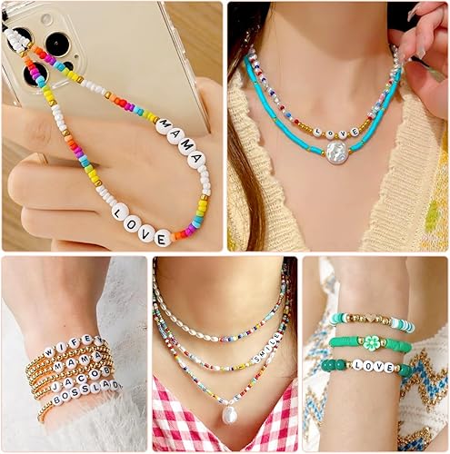 Miniatura 3 de Iooleem Cuentas de letras, 1215 cuentas cuadradas del alfabeto de 6 x 6 pulgadas, cuentas para hacer joyas, cuentas para hacer pulseras (blanco y