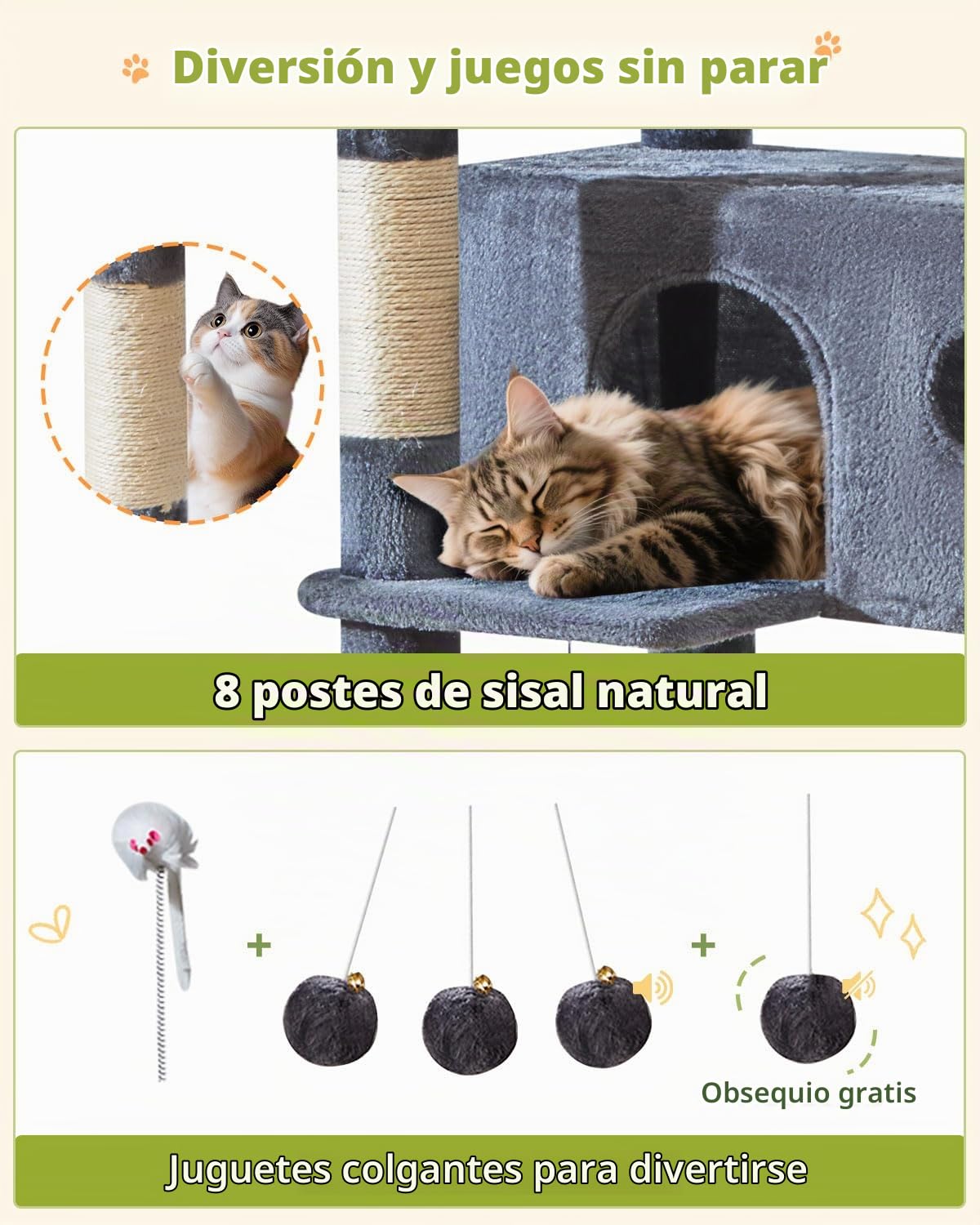 Taoqimiao Árbol para Gatos Grandes 193 cm, Árbol Rascador de Interior con Postes Arañadores, 2 Cabañas, 2 Plataformas, 2 Cestas Colgantes Amplias y Hamaca Suave, MS046G Gris Oscuro