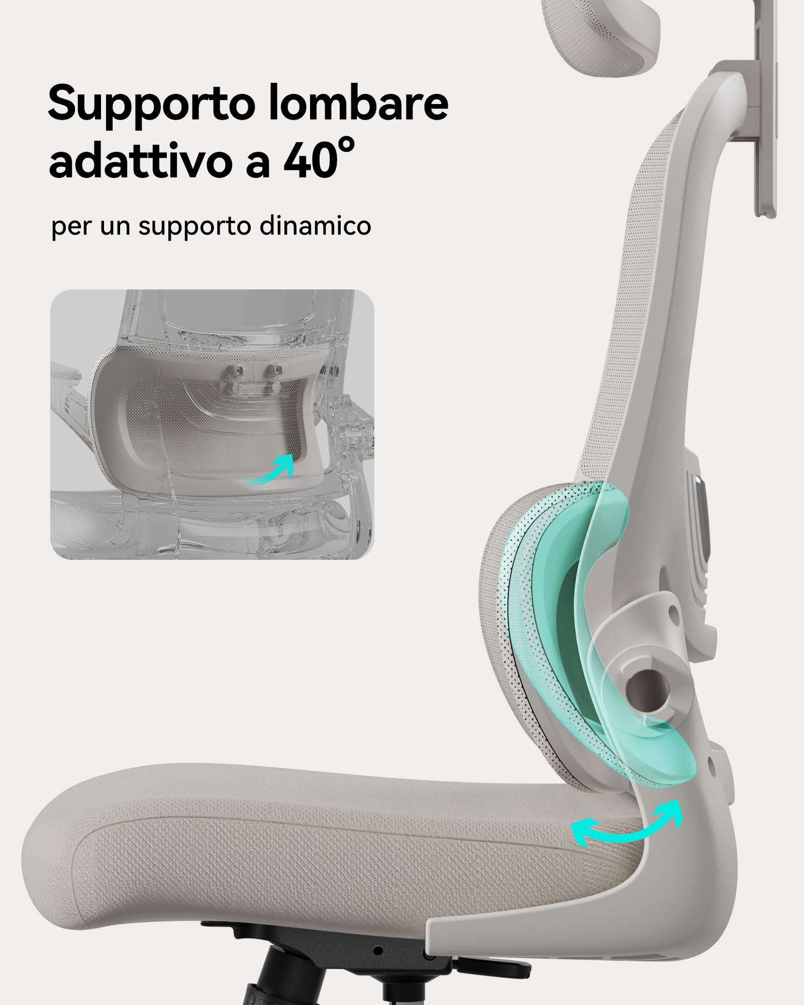 Hbada P1 Sedia Ufficio e Scrivania Ergonomica, con Supporto Lombare 2D Regolabile e Testiera Regolabile, Braccioli Ribaltabili e Cuscino Spesso, Oscillazione 12°, Mesh, Grigio