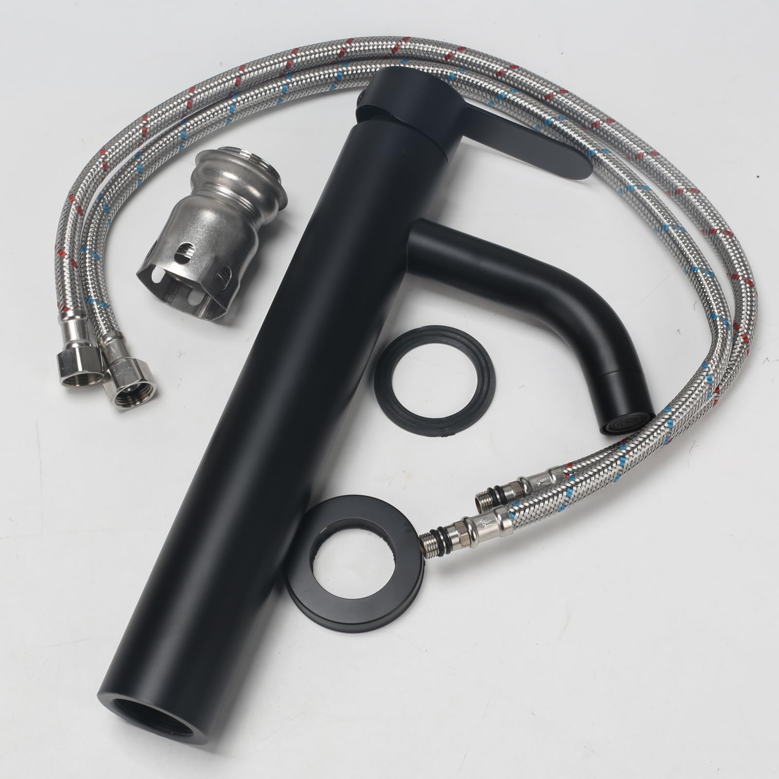 Grifo de Lavabo Alto Negro de Acero Inoxidable Cromo Monomando Baño Control de Agua Fría Y Caliente