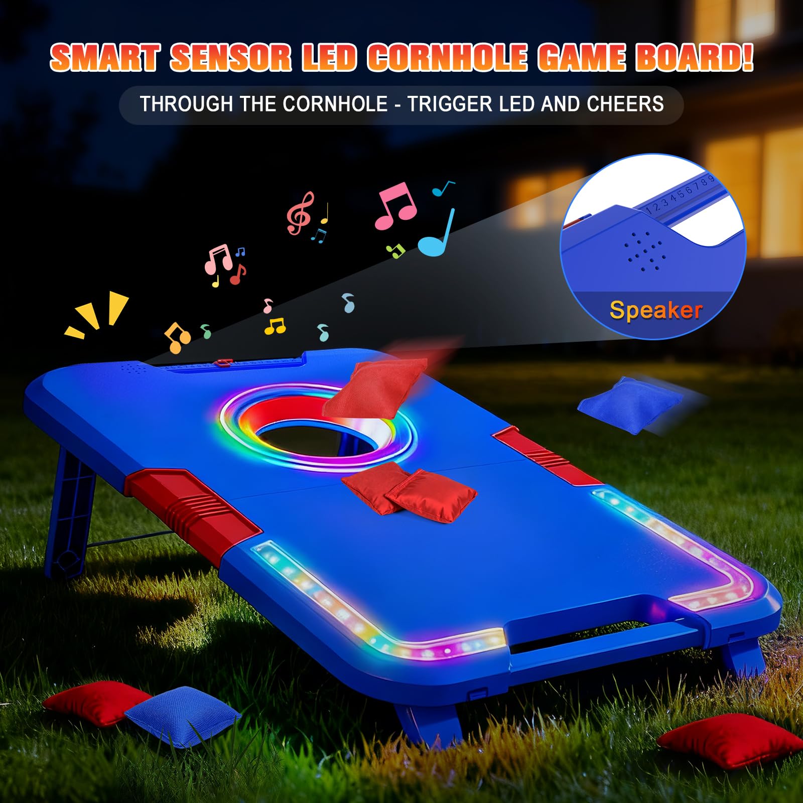 VATOS Tragbares Cornhole-Set mit LED-Lichtern & Soundeffekten, Punktanzeige, klappbar – 2 Spielbretter & 8 Beutel für Garten, Camping, Tailgate-Partys, Outdoor-Spiel für Kinder und Erwachsene