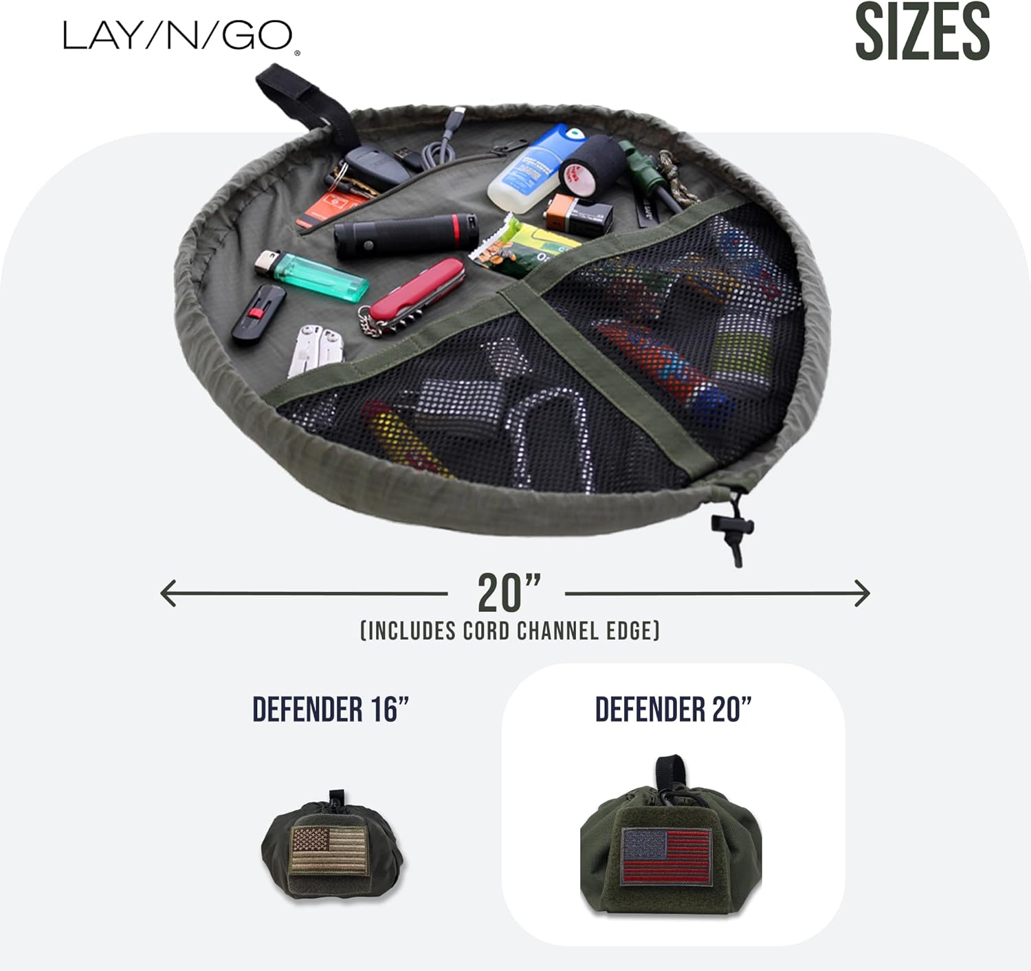 Lay-n-Go Defender Tactical Go Bag - Every Day Carry Lay-Flat Military Style Gear Stash Travel Sack w/Zippered & Mesh Pockets - Water-Resistant, Machine-Washable EDC (20", Green)