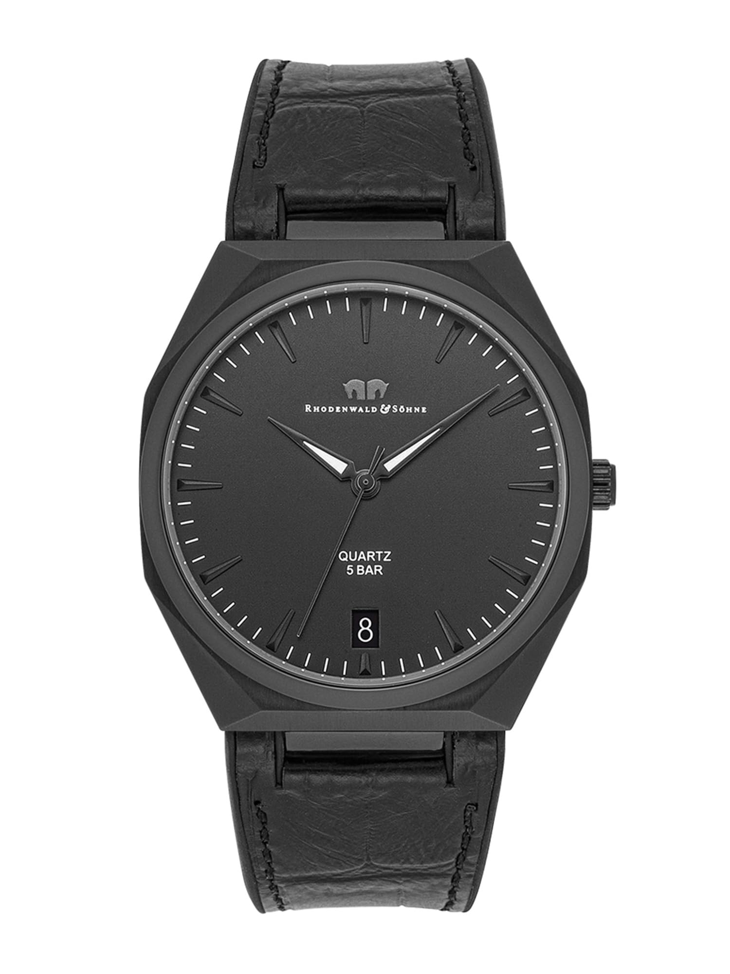Rhodenwald & Söhne Herren Uhr Edelstahl schwarz Quarzwerk 5 ATM | Echtleder/Silikon Armband, schwarz, Krokodil (Prägung), Zifferblatt schwarz, Mineralglas, Armbanduhr