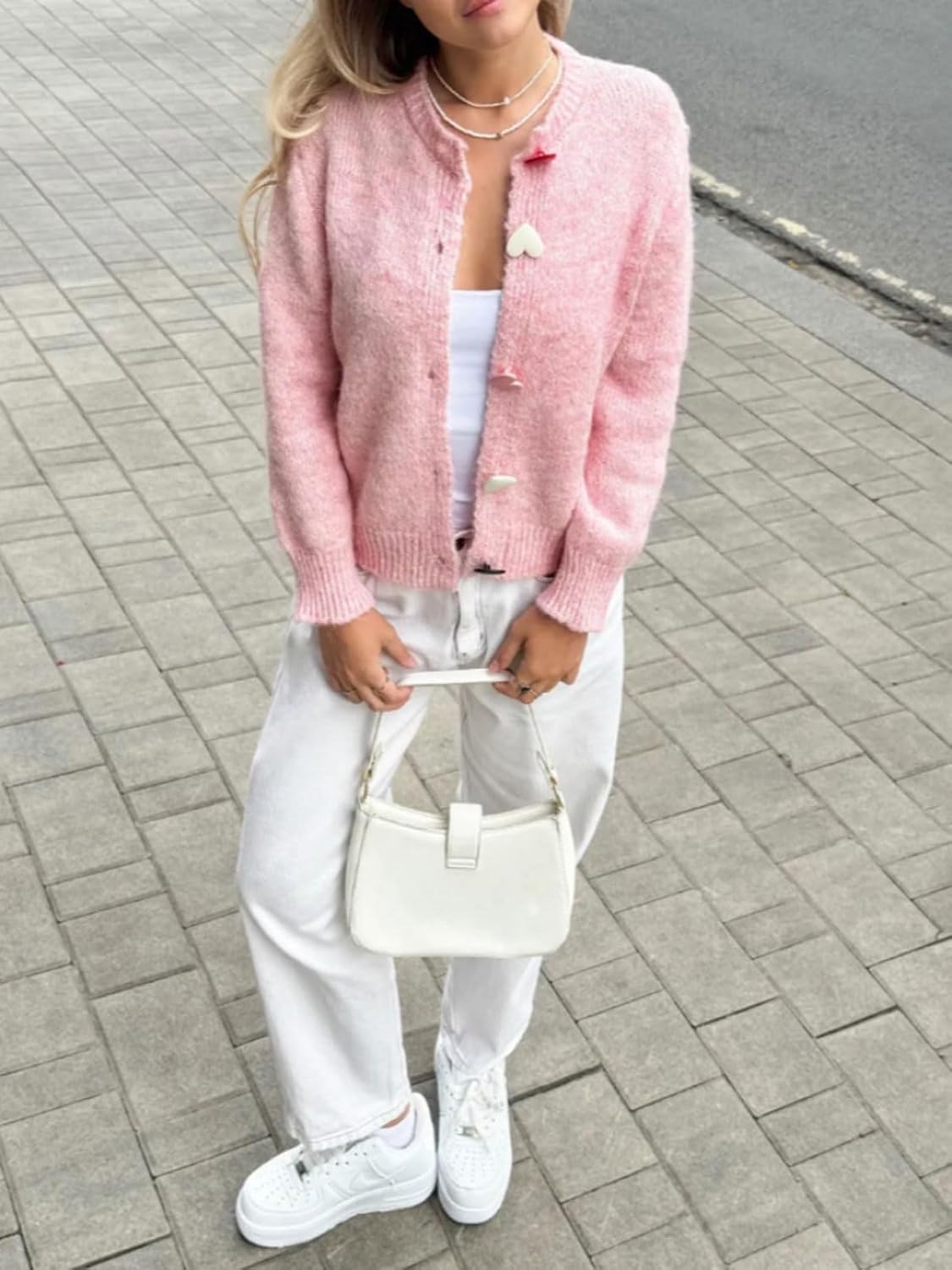 CHARTOU Women's Heart Buttons Knit Cardigan Short Cute Crewneck Knit Sweater Fall Long Sleeve Top