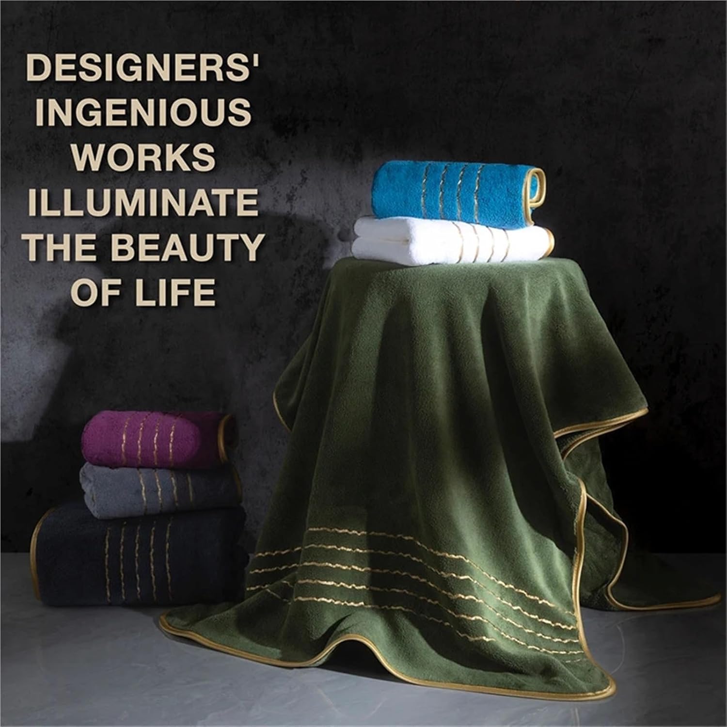 2/3/6/8 Pcs Bath Towel Set White & Gray with Golden Accents, Soft Absorbent Premium Towels for Home, Hotel & Bathroom(Drak Blue x3)