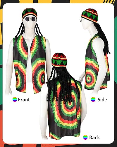 Miniatura 2 de Juego de 3 accesorios de disfraz jamaicano de Halloween, sombrero rasta con rastas negras, peluca con patrón jamaicano, chalecos de sol rasta para