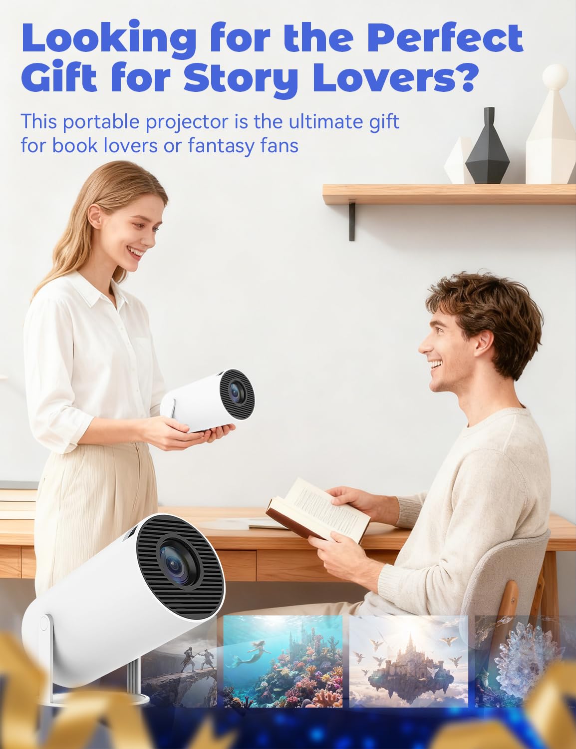 Faux Projecteur De Fenêtre – Mini Projecteur 1080P avec WiFi Et Bluetooth, Correction Automatique du Trapèze, Faible Latence Et Rotation À 180°, Vidéo Portable Intelligent