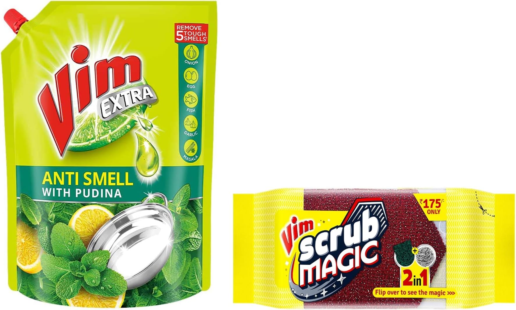 Vim Scrub Magic Pack of 5 & Vim Dishwash Anti Smell Liquid, Pudina, 2 LTR