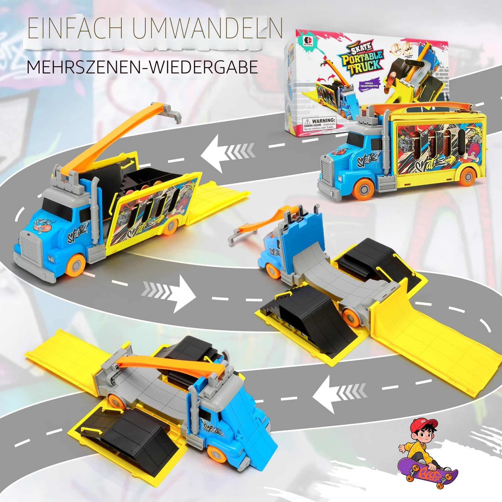 Fingerboard Rampe Set, verwandelbarer Truck zum Mini Skatepark, Skateboard Rampe mit 3 Finger Skateboards und 1 Finger Bike, tragbares Fingerboard Spielzeug für Kinder ab 3 Jahren