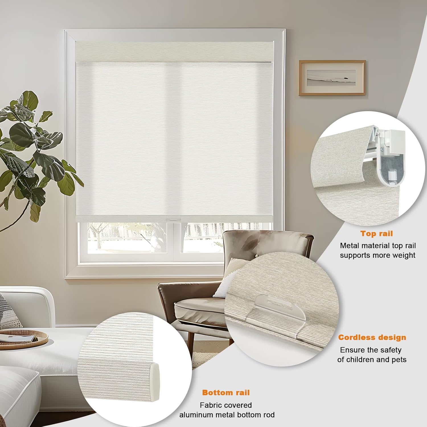 Persilux No Drill No Tools Light Filtering Roller Shades for Windows,Linen Fabric Cordless Roller Blinds,Custom Blinds for Home,Bedroom,Living Room,Beige-Light Filtering,Custom Size