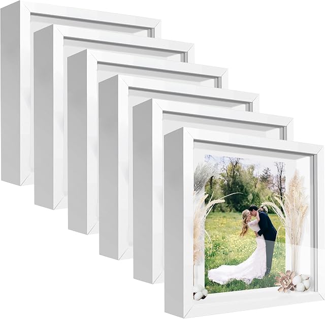 TouYinger 8x8 Shadow Box Frame Display Case with Letter Stickers, 3D Picture Frame, Display Case Box for Memorabilia, Baby Items, Wedding Memories, Crafts, Tickets and Photos (6packs-White, 8x8)