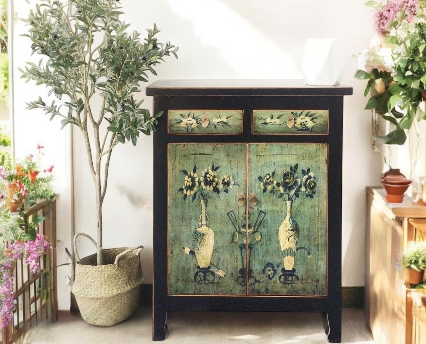OPIUM OUTLET Chinese cabinet sideboard cupboard from China vintage shabby traditional motifs from (smaragd/schwarz)