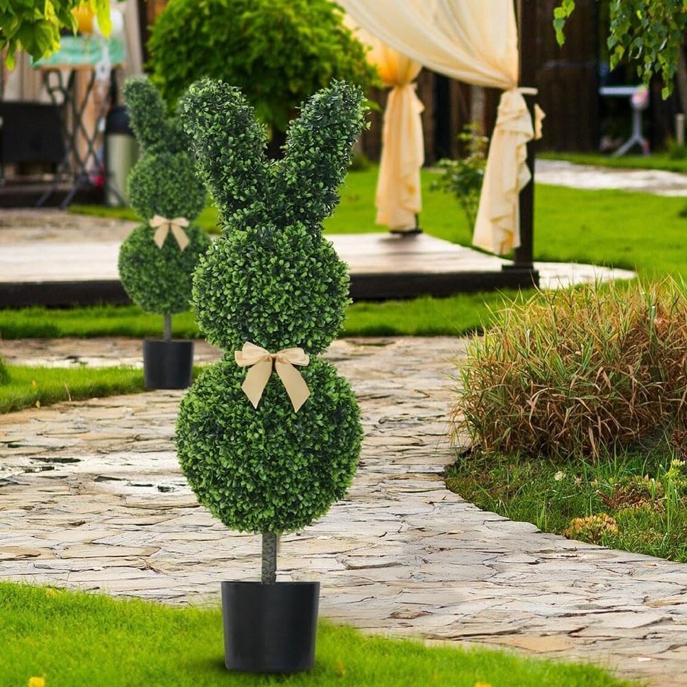Hngkgjbl Black Bunny Topiary Outdoor, 1 Pcs Artificial Bunny Shaped Topiary Tree Pot Fake Easter Bunnies Plant, Easter Rabbit Boxwood Topiaries Plant For Front Porch Decor Outside Home Garden Decor(50Cm)