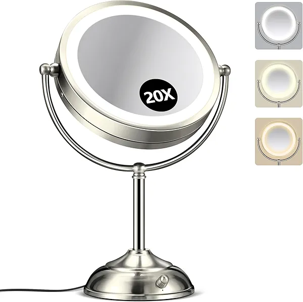 20x Large Lighted Makeup Mirror, Rechargeable 9" Magnifying Makeup Mirror, 30-Minute Timer,3 Color Modes, Adjustable Brightness, No Assembly Required, 360° Rotation Cosmetic Mirror, Pearl Nickel