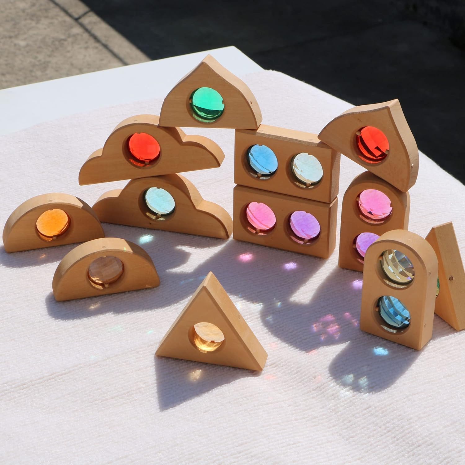 12PCS Acrylic Gem Fairytale Windows Blocks,Translucent Cubes Stacking Toys, Sparkling Acrylic Toy Wooden Stacking Blocks,Open Ended Play Montessori Educational Wooden Toys