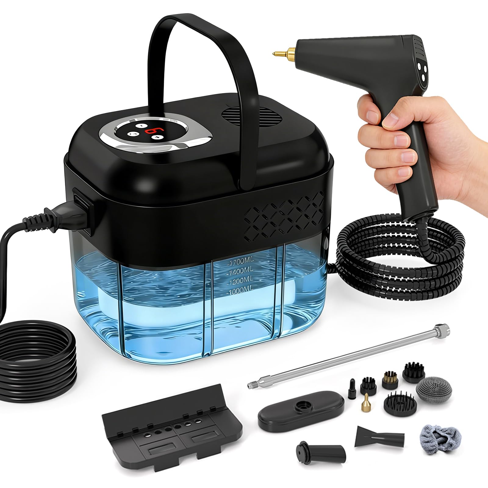 Pulitore a Vapore Portatile, 2500W Pulitore Vapore Casa, Maniglia Regolabile in 6 Livelli, Serbatoio Dell'acqua da 1700ml, Macchina per Pulizia a Vapore per Cucina, Piastrelle, Mobili