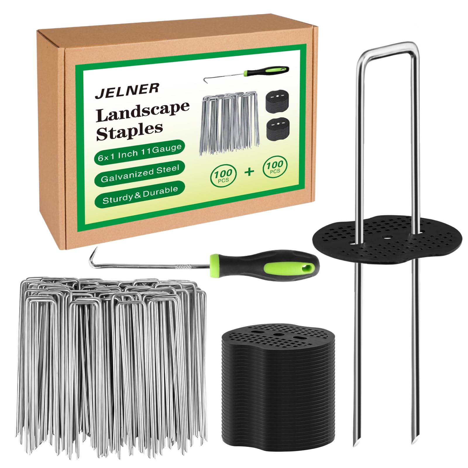JELNER Ensemble d'écuries paysagères, 15,2 cm, calibre 11, 100 agrafes de jardin galvanisées et 100 joints, piquets de tente en forme de U pour sécuriser la barrière en tissu contre les mauvaises