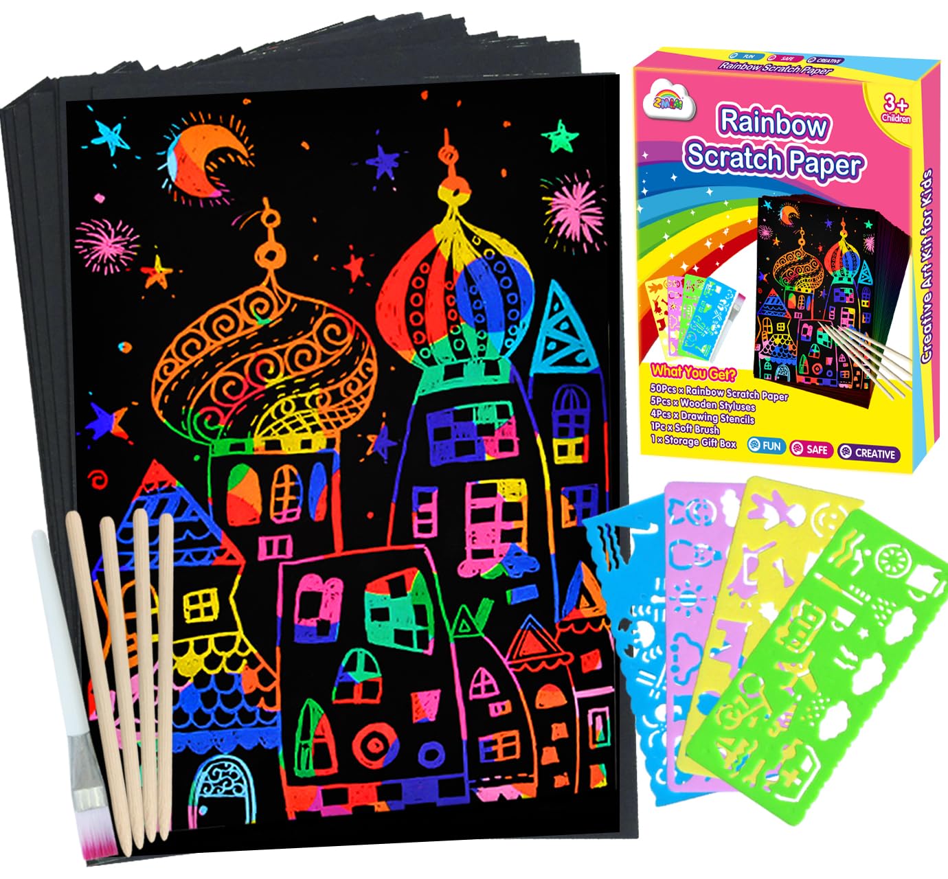 Juego de 50 piezas de papel para rascar con diseño de arcoíris para niños, color negro, hoja tablero con 5 lápices de madera para el juego de fiesta de Pascua, Navidad, cumpleaños, regalo