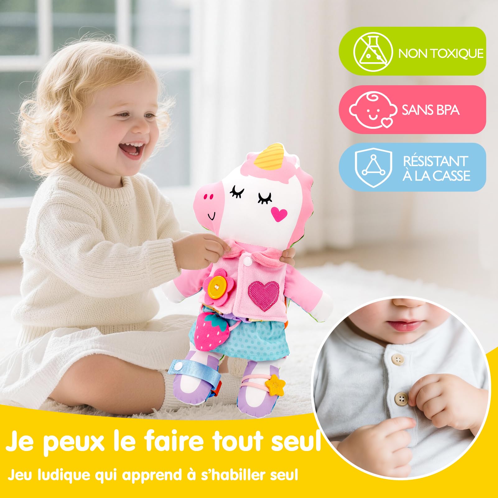 hahaland Poupée Montessori 2-en-1 pour Tout-Petits 1–3 Ans, Poupée Éducative en Peluche Réversible Licorne & Dinosaure, Motricité Fine, Apprendre à S’Habiller, 15+ Fermetures, Cadeau Enfant dès 2 Ans