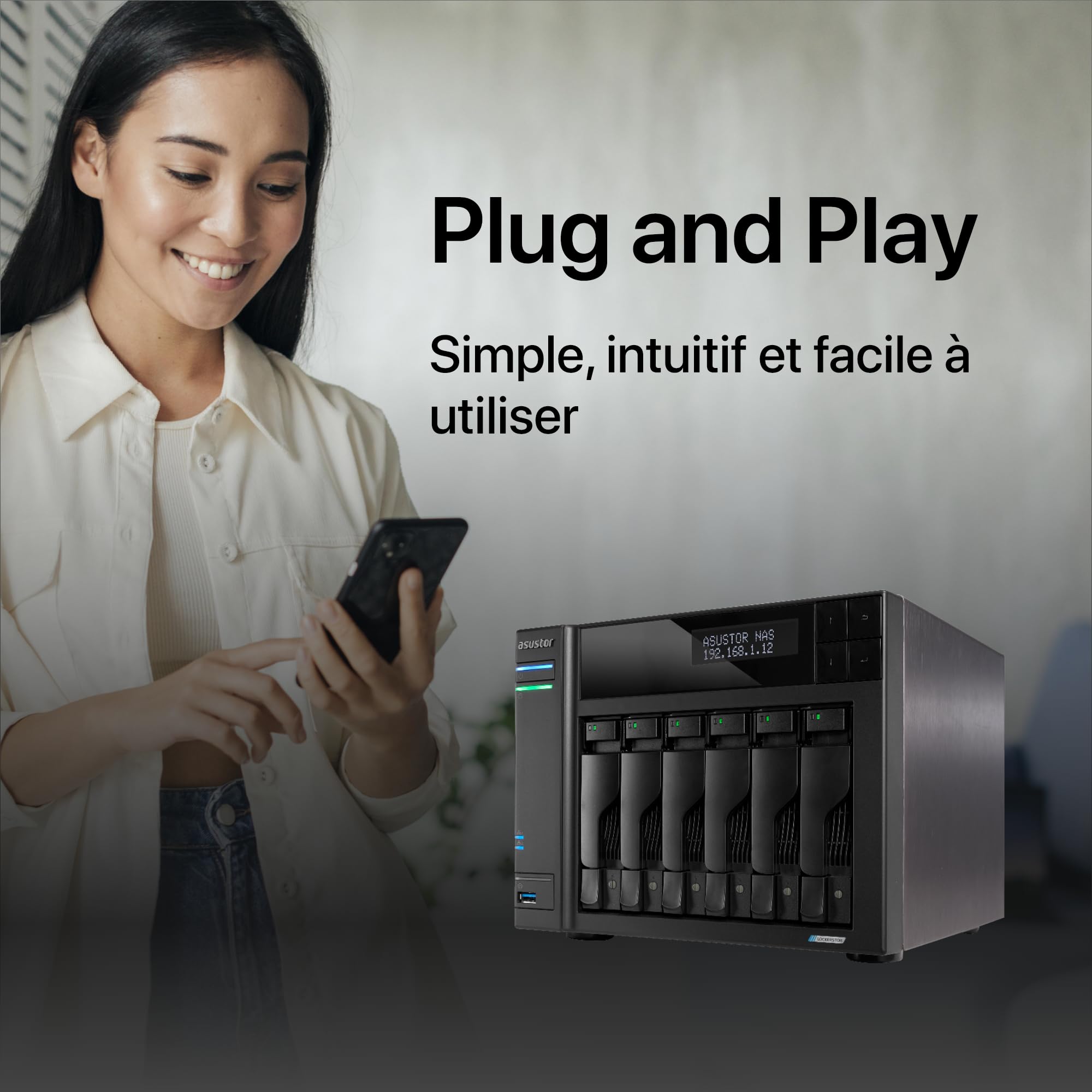 Asustor Lockerstor 6 Gen2 - AS6706T | NAS 6 Baies, processeur Quad-Core 2,0 GHz, 4 emplacements M.2 NVMe (PCIe 3.0), Double 2,5 GbE, Extensible à 10 GbE, 8 Go de RAM DDR4