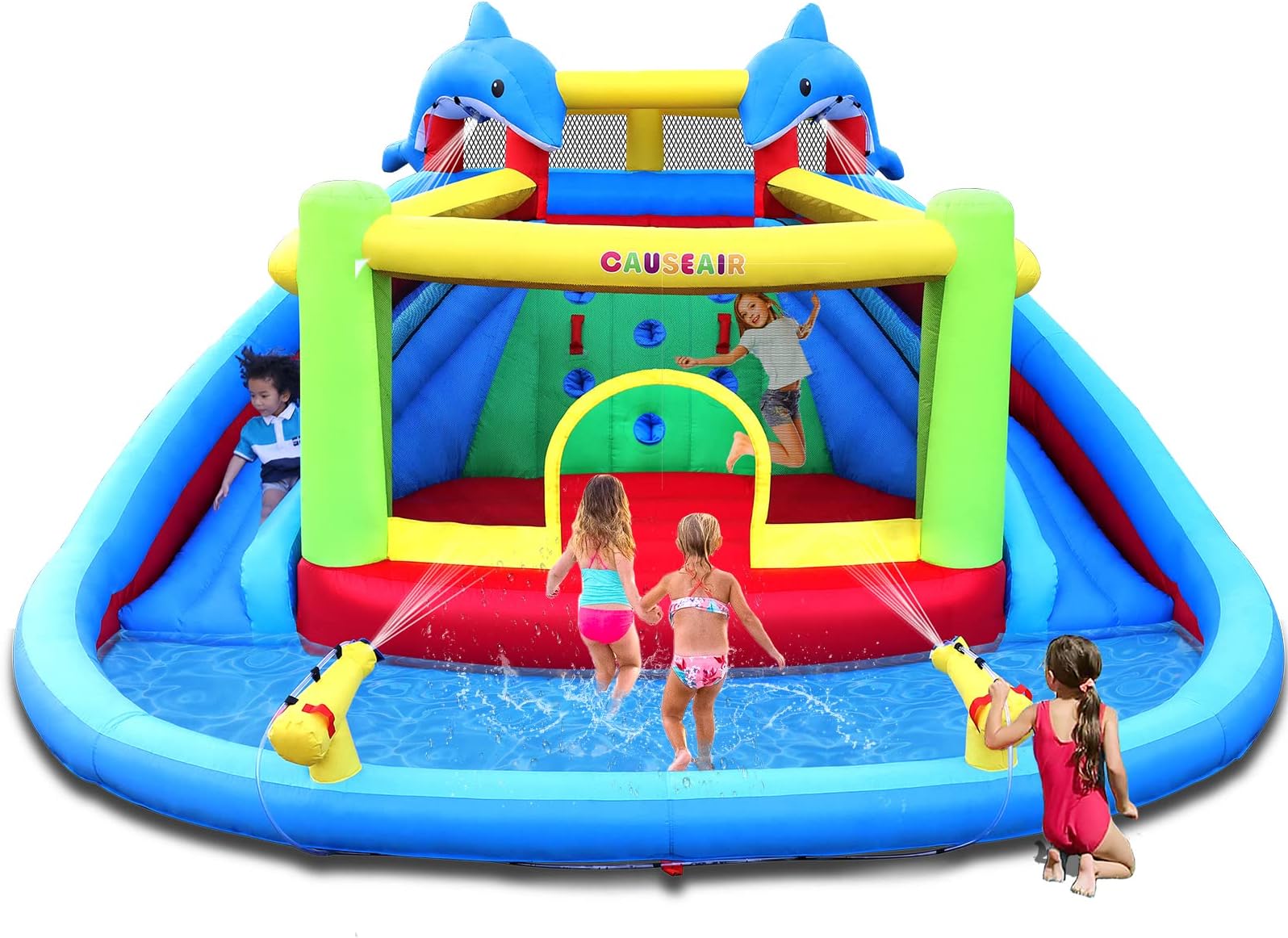 Causeair Inflatable Bounce House with Double Slide Dolphin Style Splash Pool Double Water Cannon Climbing Wall Heavy Duty GFCI Blower Inflatable Water Park Slide Backyard Summer