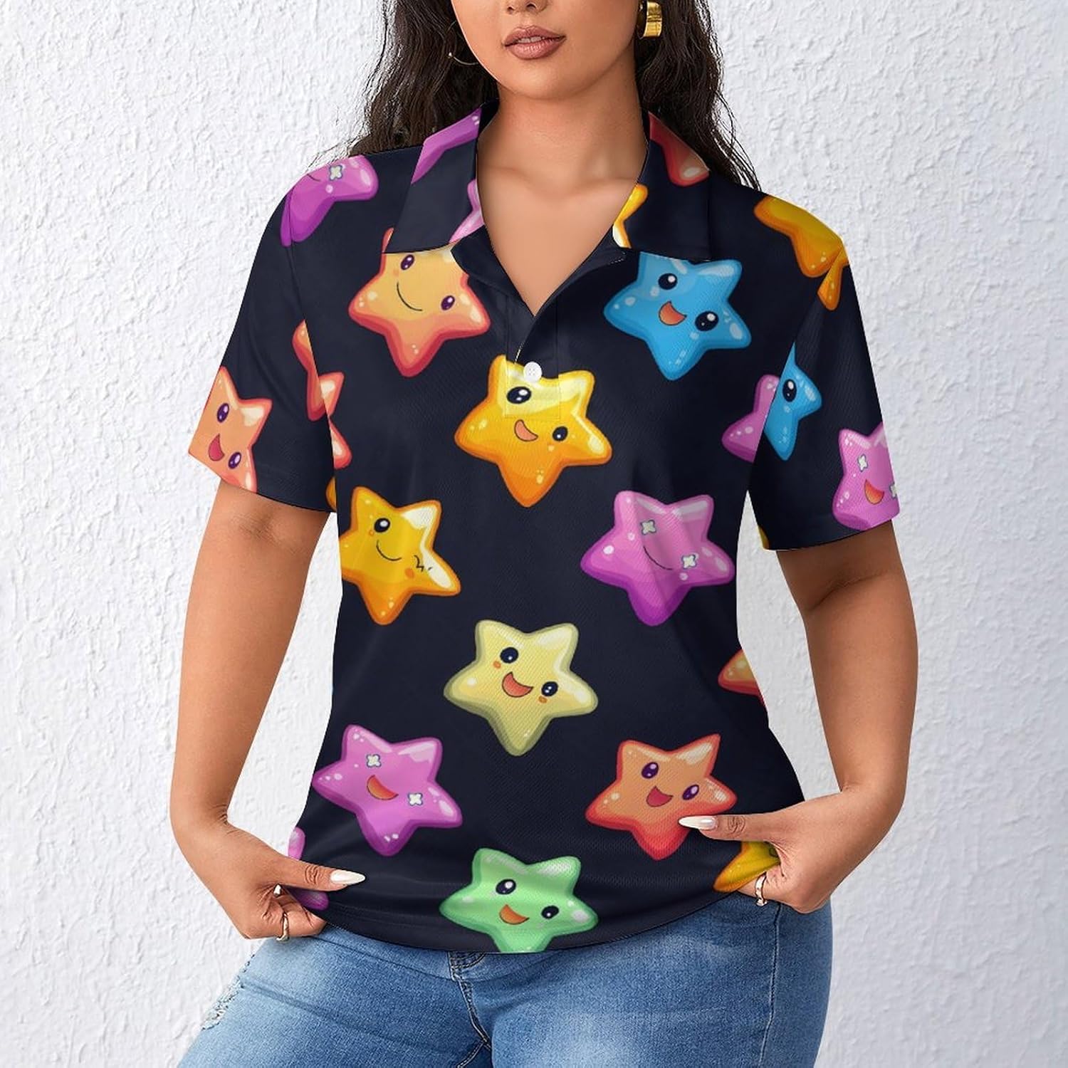 Colorful Stars Womens Golf Polo Shirts Summer Short Sleeve Collared 3 Buttons T Shirt Activewear Tops
