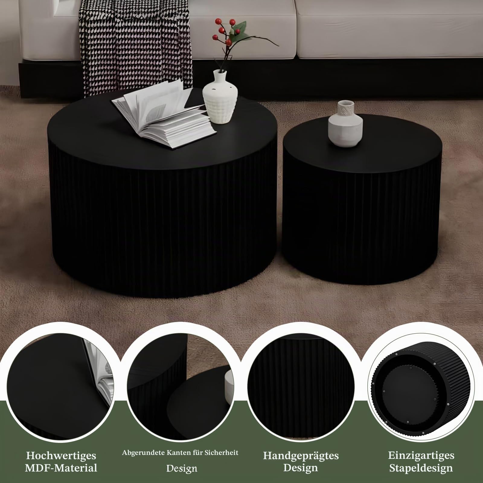 Beistelltisch Set rund, 2 Stücke, Schwarz, Ø70CM+Ø50CM