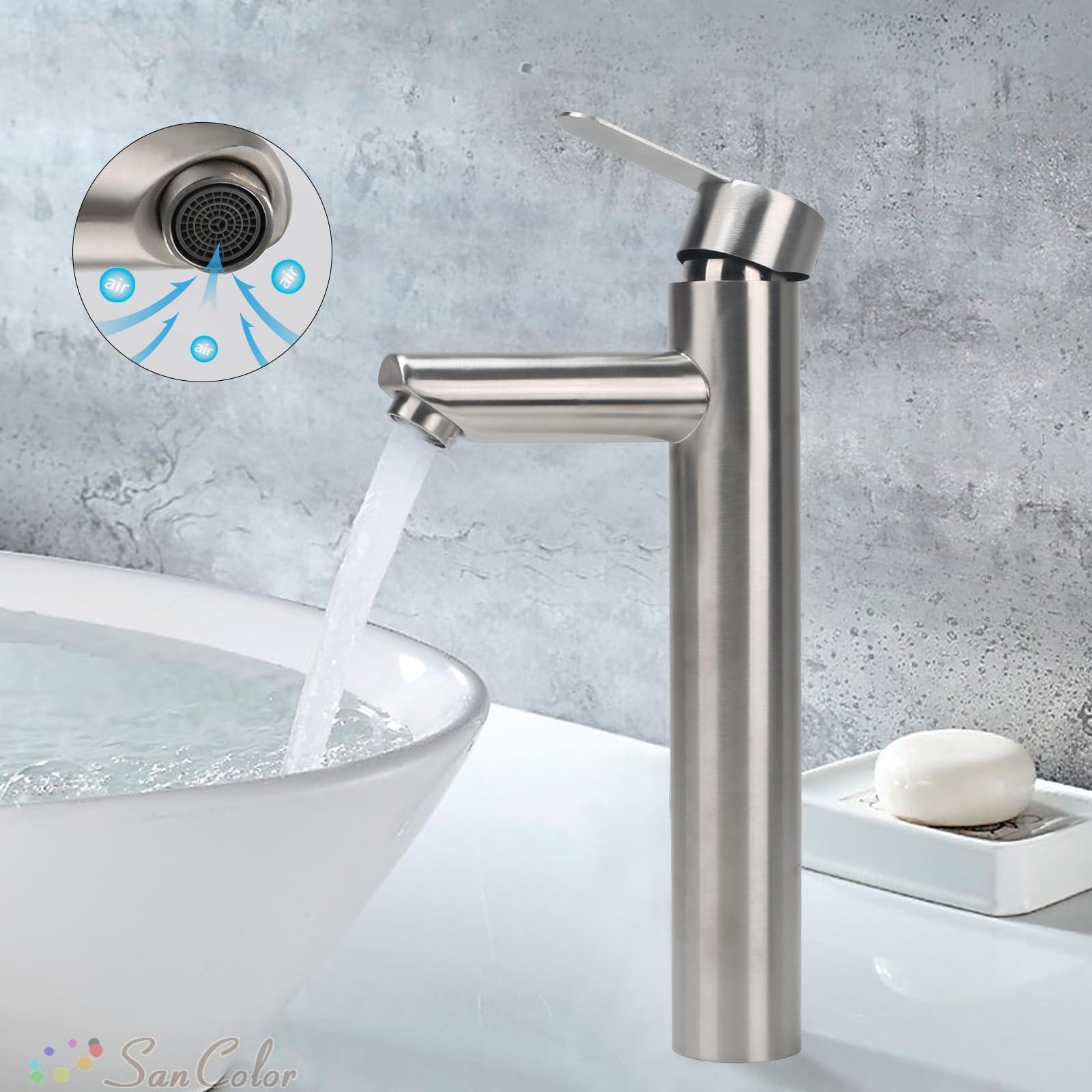 Robinet Lavabo Salle De Bain Argenté - Mitigeur Haut En Acier Inoxydable SUS304 - Eau Chaude/Froide, Bec Anti-Éclaboussures