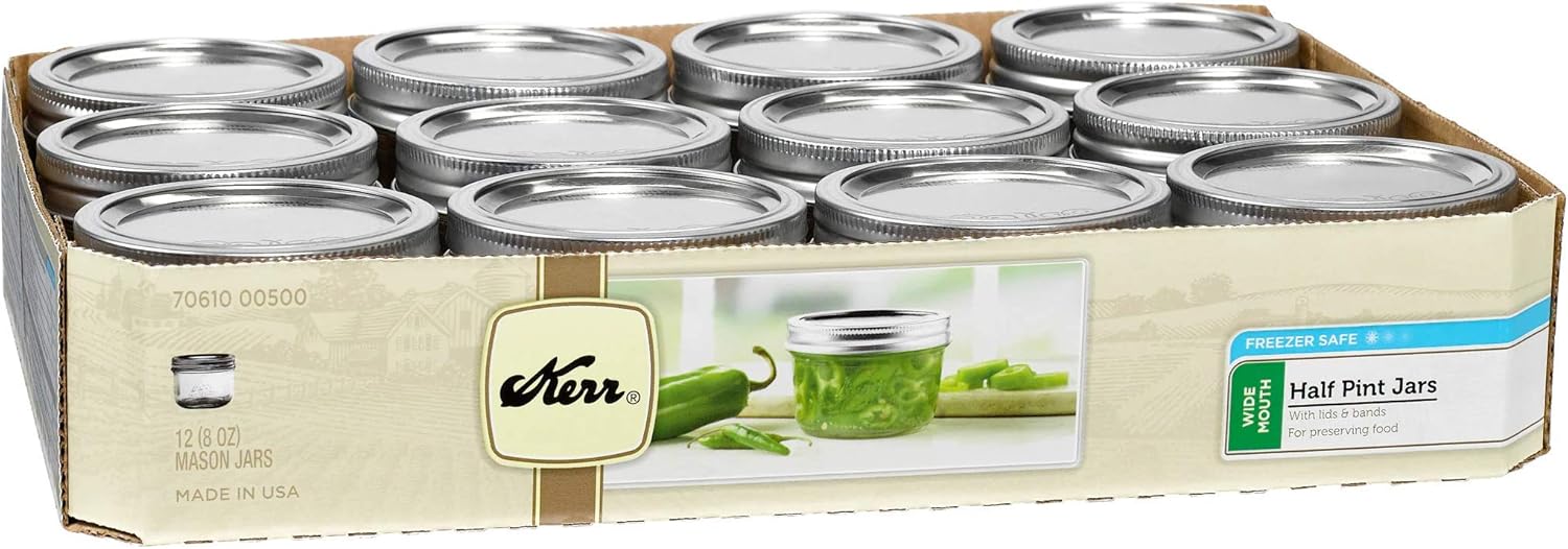 Kerr Wide Mouth Half-Pint Glass Mason Jars 8-Ounces with Lids and Bands 12-Count per Case (1-Case)