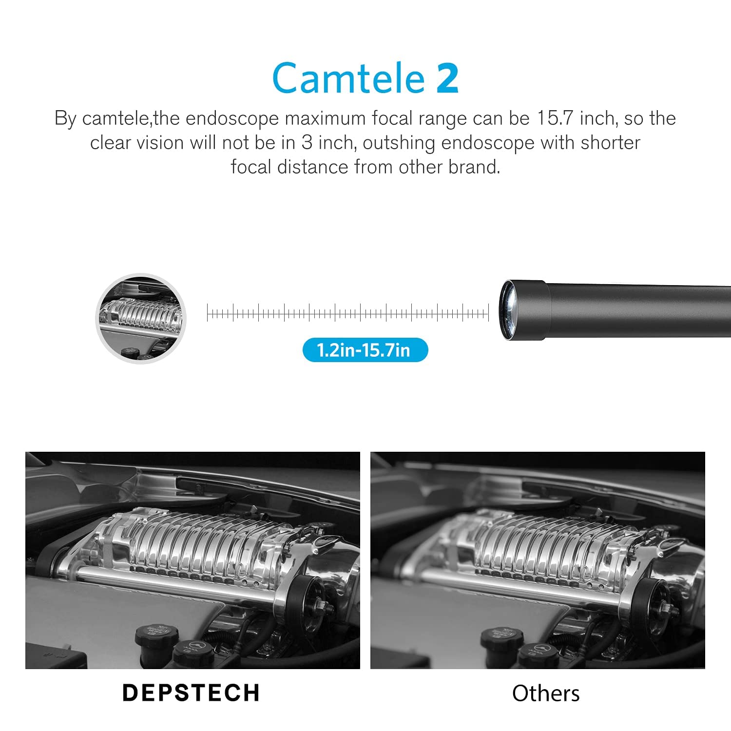 Image demonstrating the Camtele 2.0 focal range of 1.2in-15.7in, showing a clear image of an engine part from DEPSTECH compared to a blurry image from another brand.