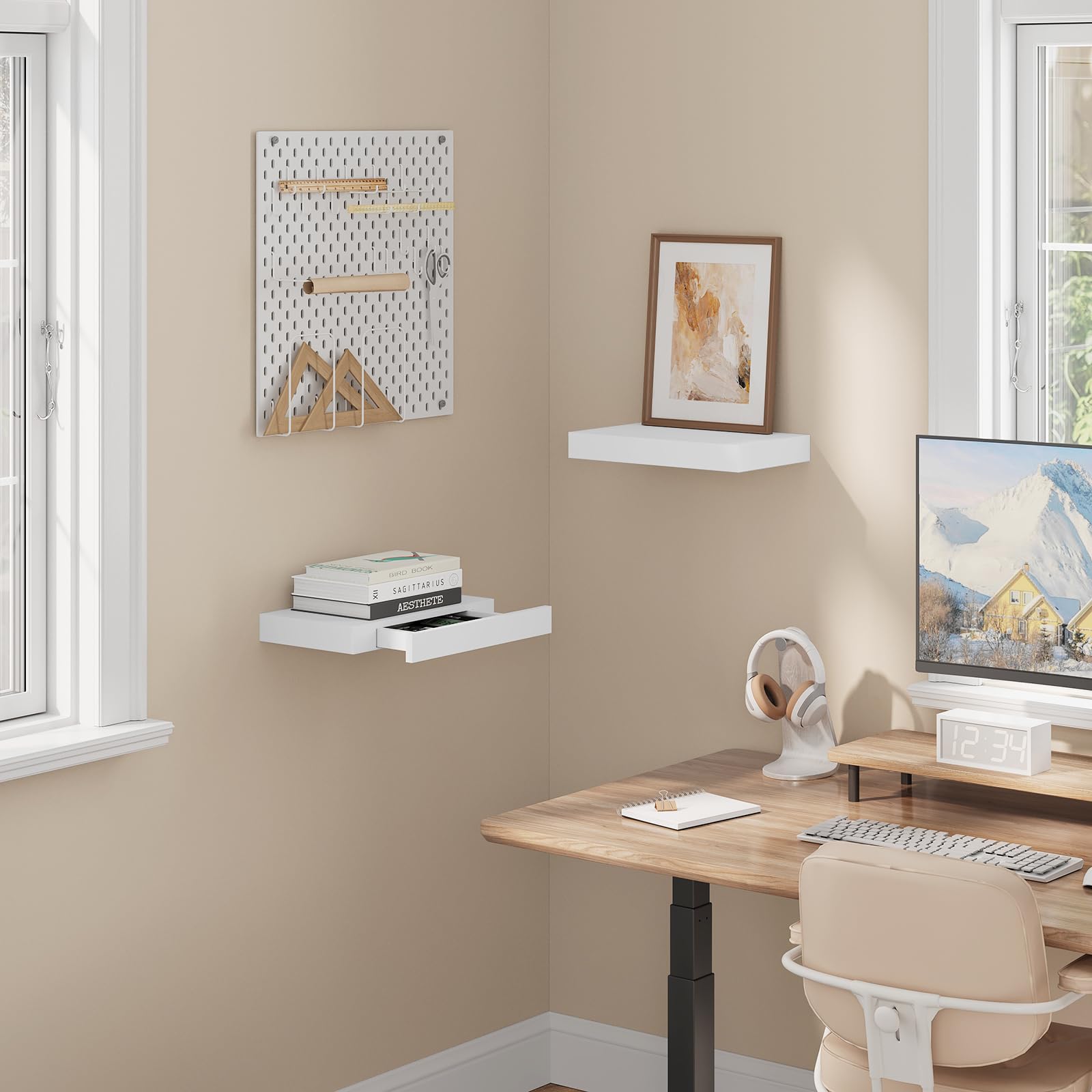 WOLTU Mensola da Muro, Scaffale Parete Moderno, Mensola con Cassetto in MDF per Soggiorno, Camera da Letto, Cucina, 40x25x5cm Bianco, RG9344ws