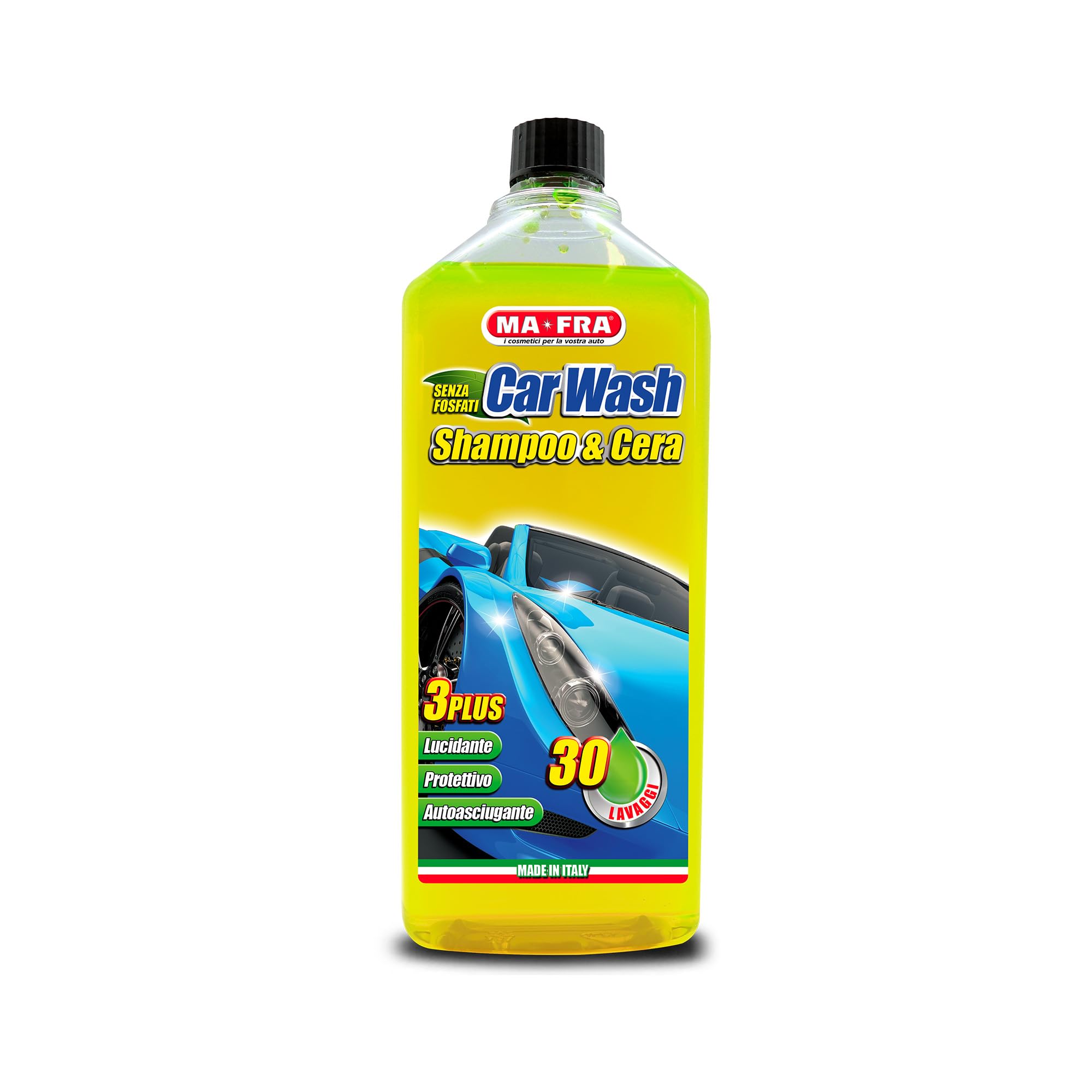 Ma-Fra Car Wash Shampoo e Cera, Shampoo Auto Ideale per Lavaggio e Lucidatura della Carrozzeria, Rimuove Macchie e Sporco Ostinato, Protegge da Raggi UVA, Fino a 30 Lavaggi, Formato 1000 ml