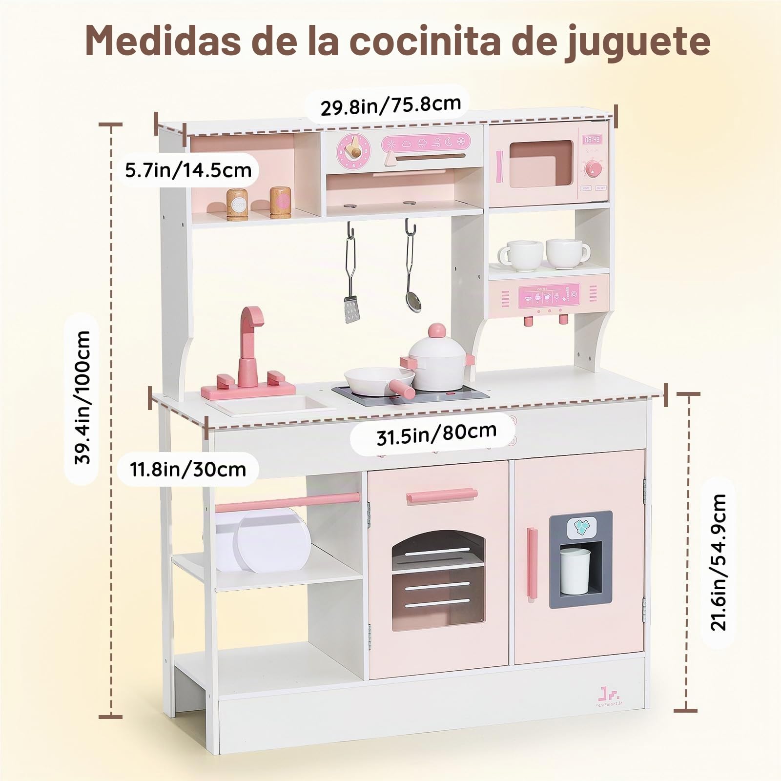 SainSmart Jr. Cocinita de madera para niños, color rosa – con luz y sonido, dispensador de hielo, microondas, horno y fregadero, gran cocina infantil con accesorios, juego de roles a partir de 3 años