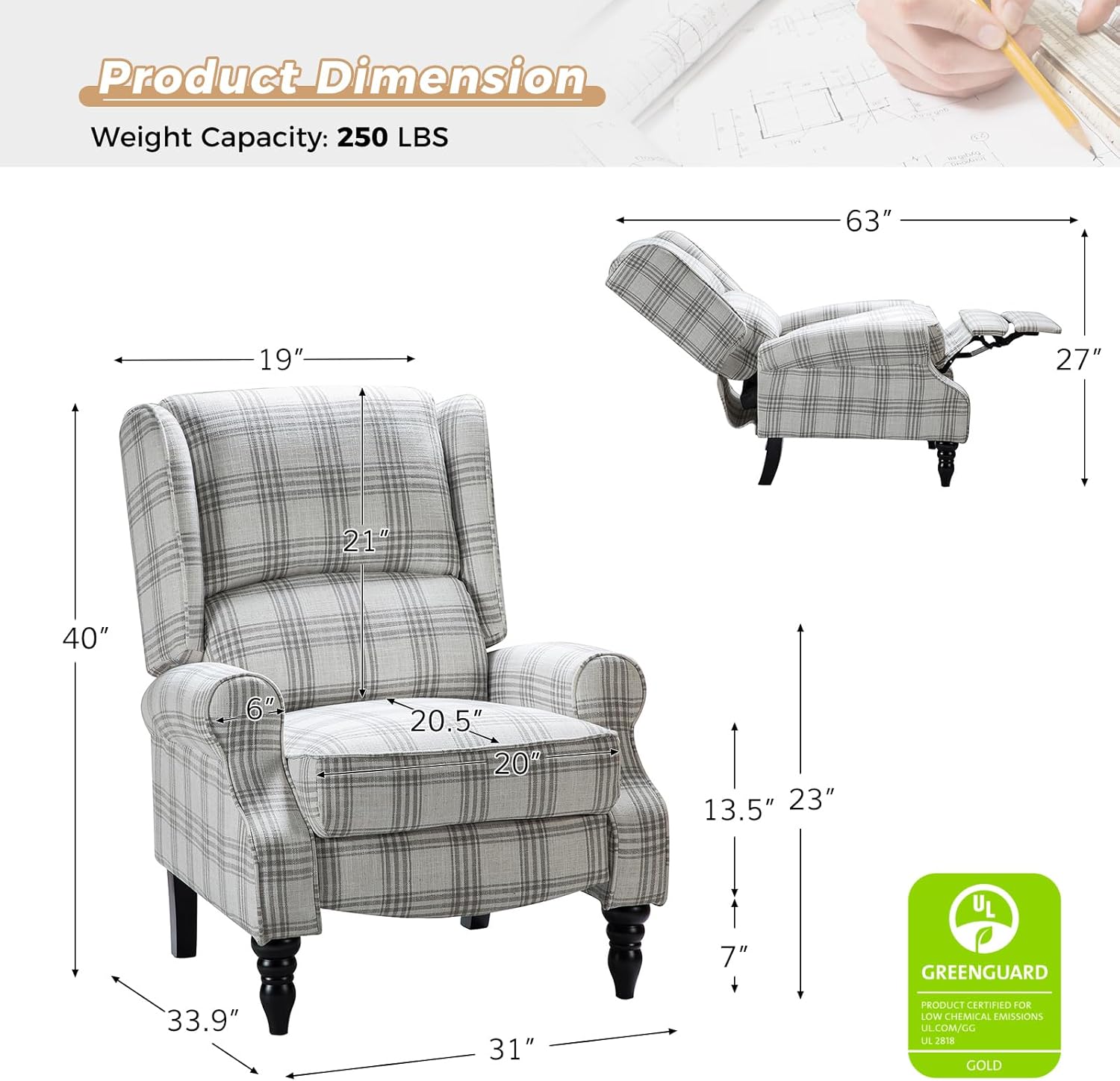 HULALA HOME Upholstered Wingback Recliner Chair, Small Adjustable Footrest Push Back Single Reclining Sofa, Mid Century Modern Lounge Armchair for Living Room, Bedroom, Reading/Plaid Grey